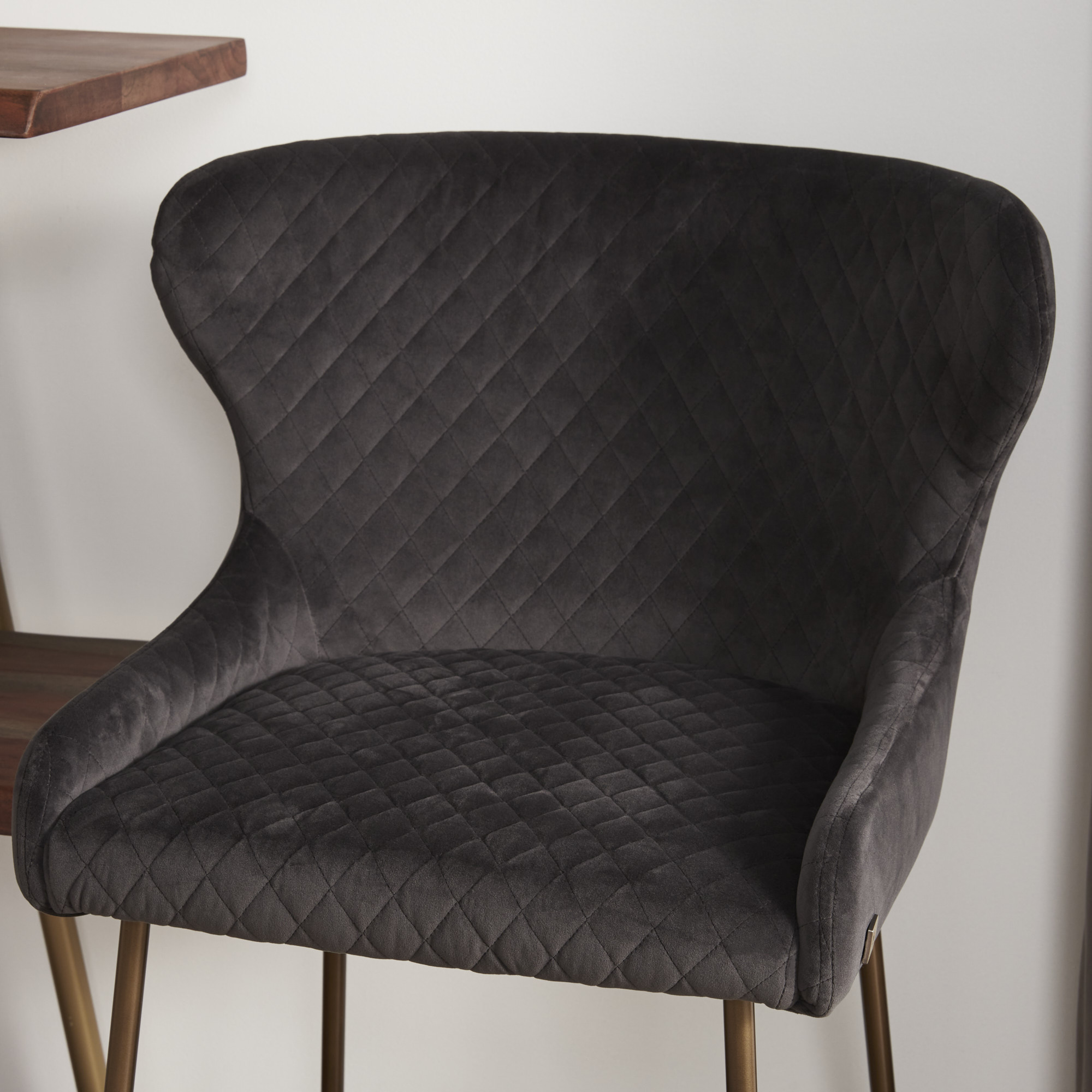 Quinn Charcoal Velvet Bar Stool - Brass Colour Legs