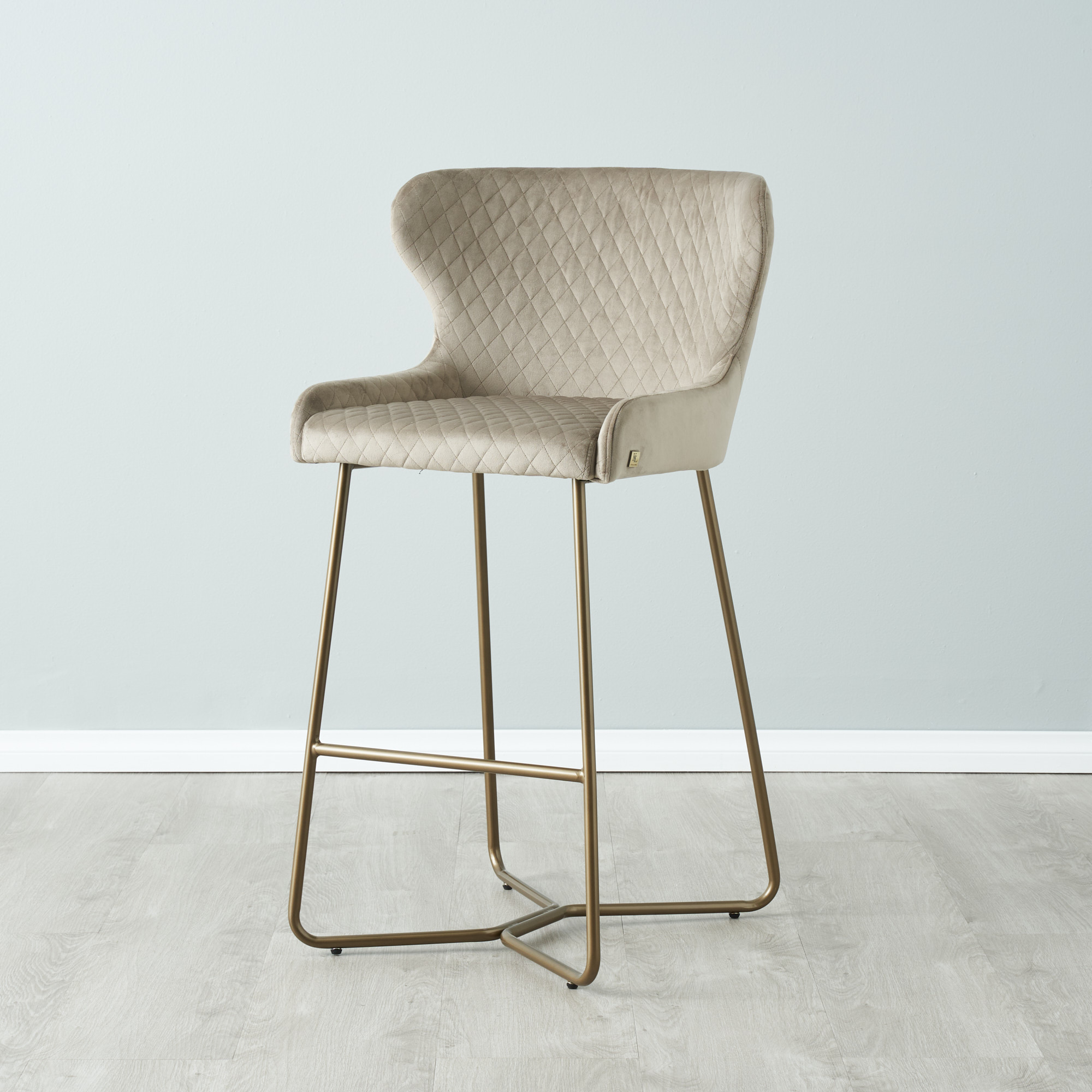 Quinn Beige Velvet Barstool - Brass Colour Legs