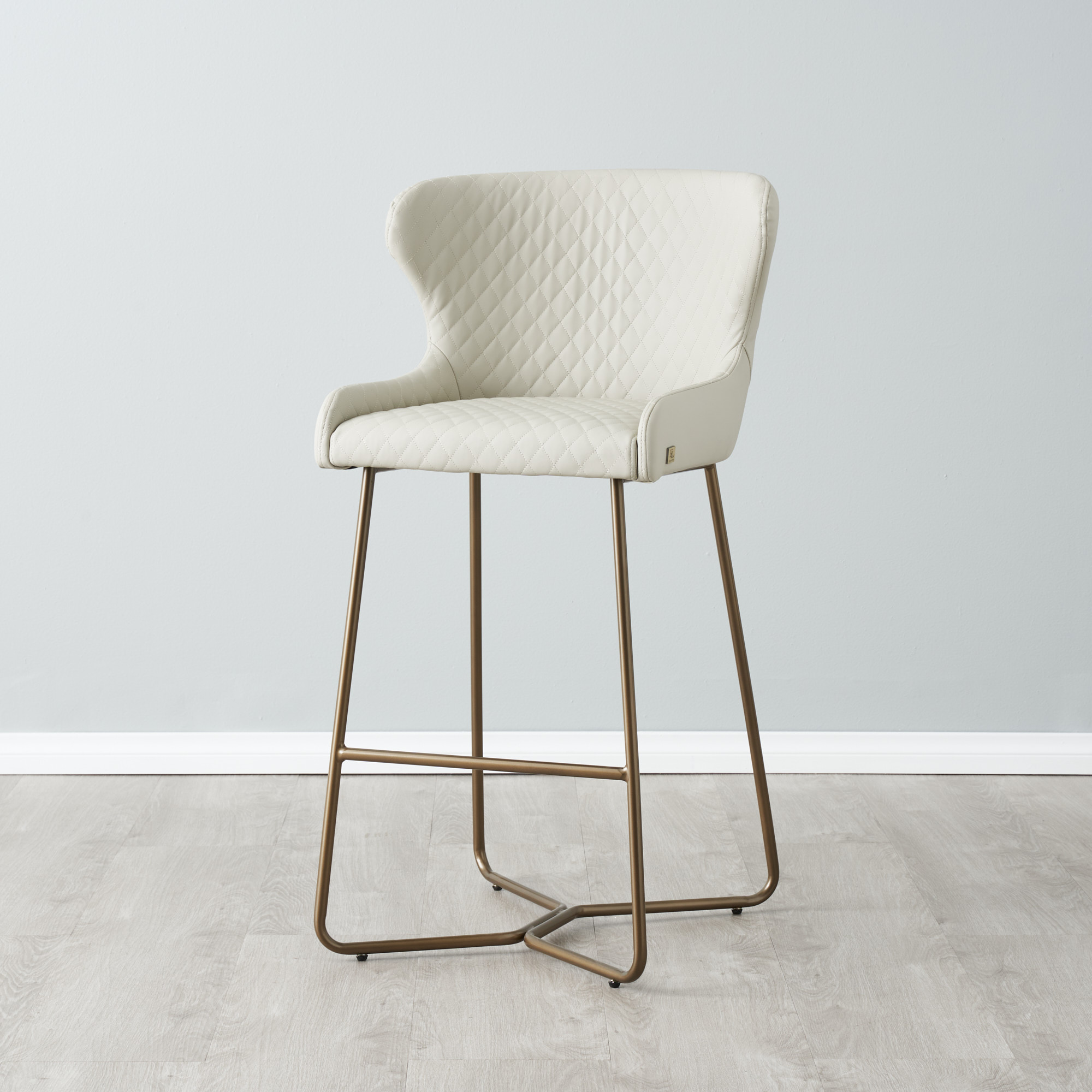 Quinn Cloud Grey Vegan Leather Bar Stool - Brass Colour Legs