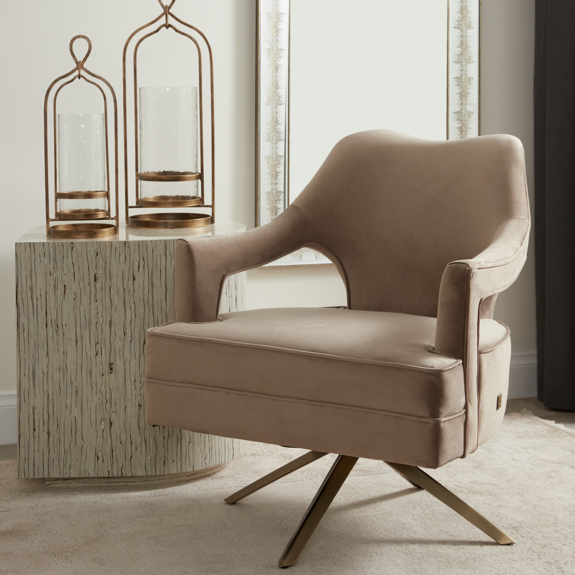 Burton Beige Velvet Occasional Chair - Brushed Champagne Gold Stainless Steel Legs
