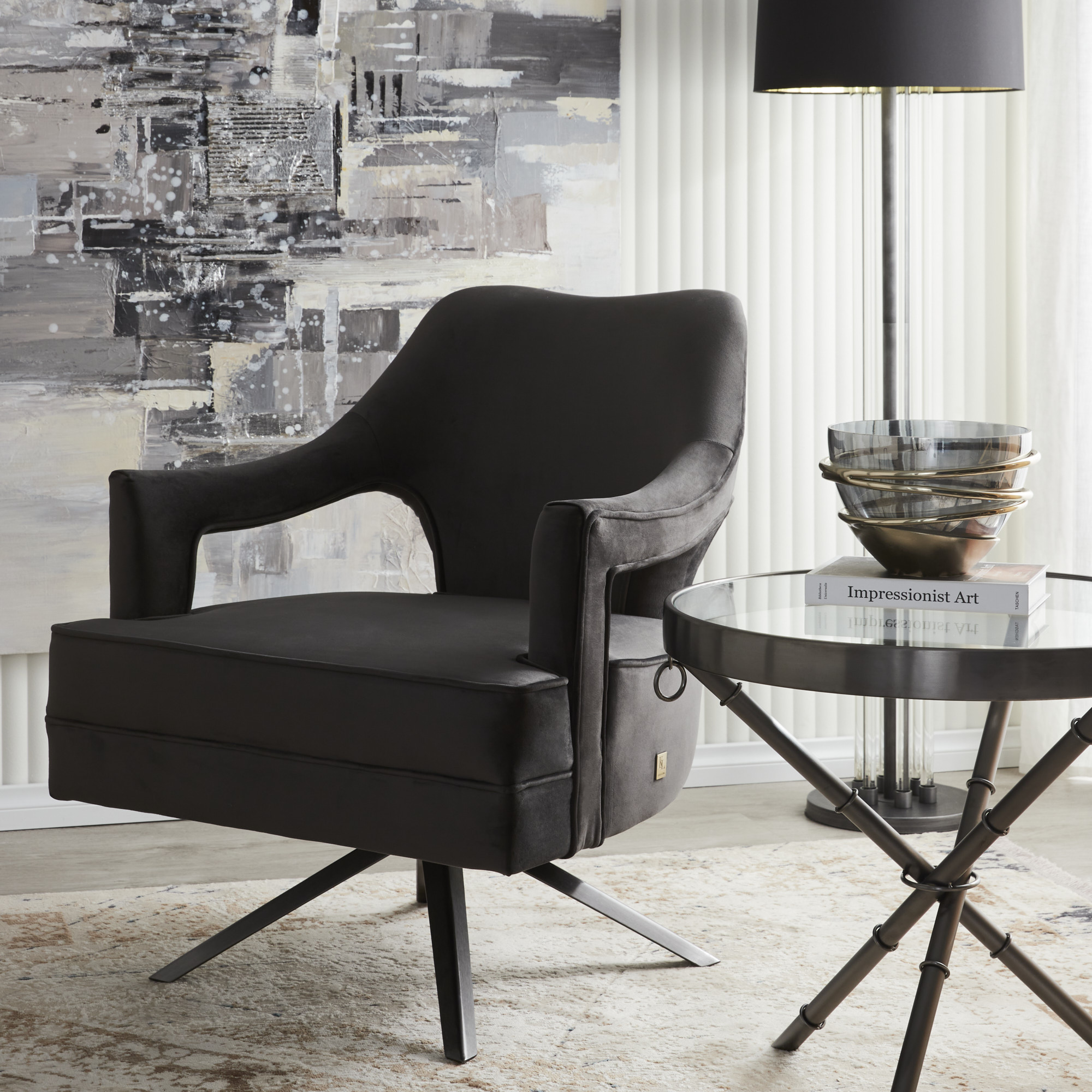 Burton Charcoal Velvet Occasional Chair - Brushed Black Nickel Stainless Steel Legs