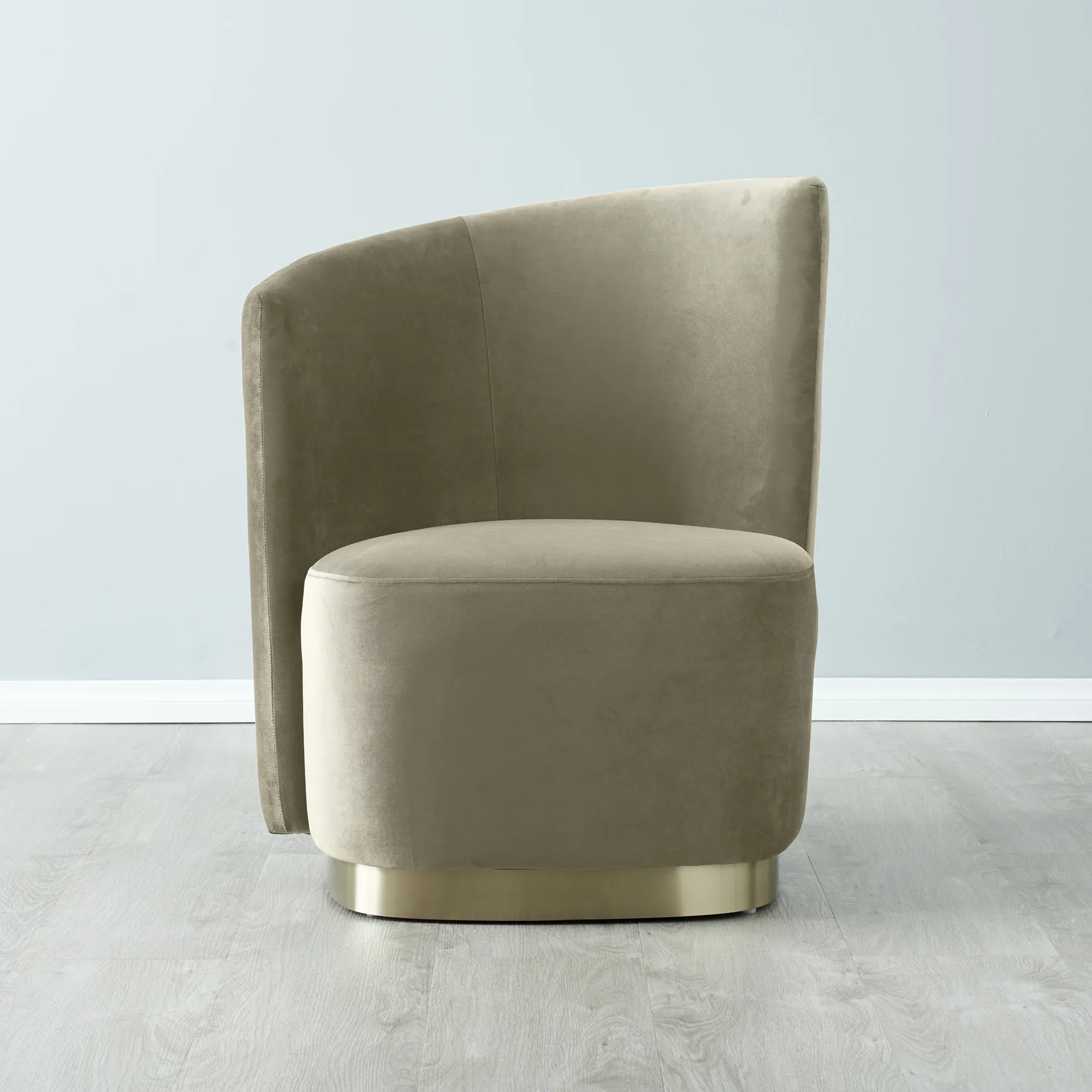 Reina Asymmetrical Beige Velvet Chair  - Brushed Champagne Gold Stainless Steel Legs Left Apex