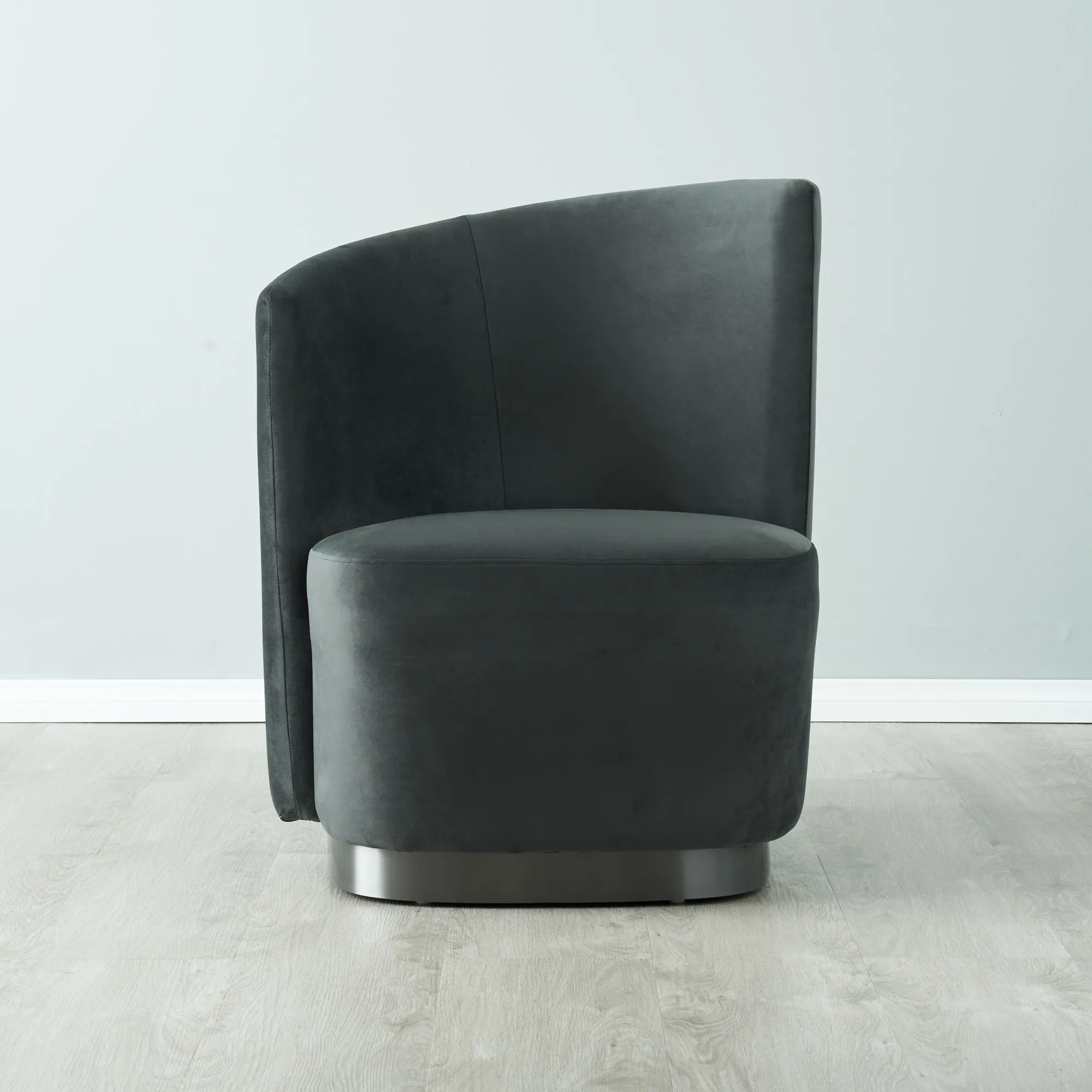 Reina Asymmetrical Charcoal Velvet Chair - Brushed Black Nickel Stainless Steel Legs Left Apex