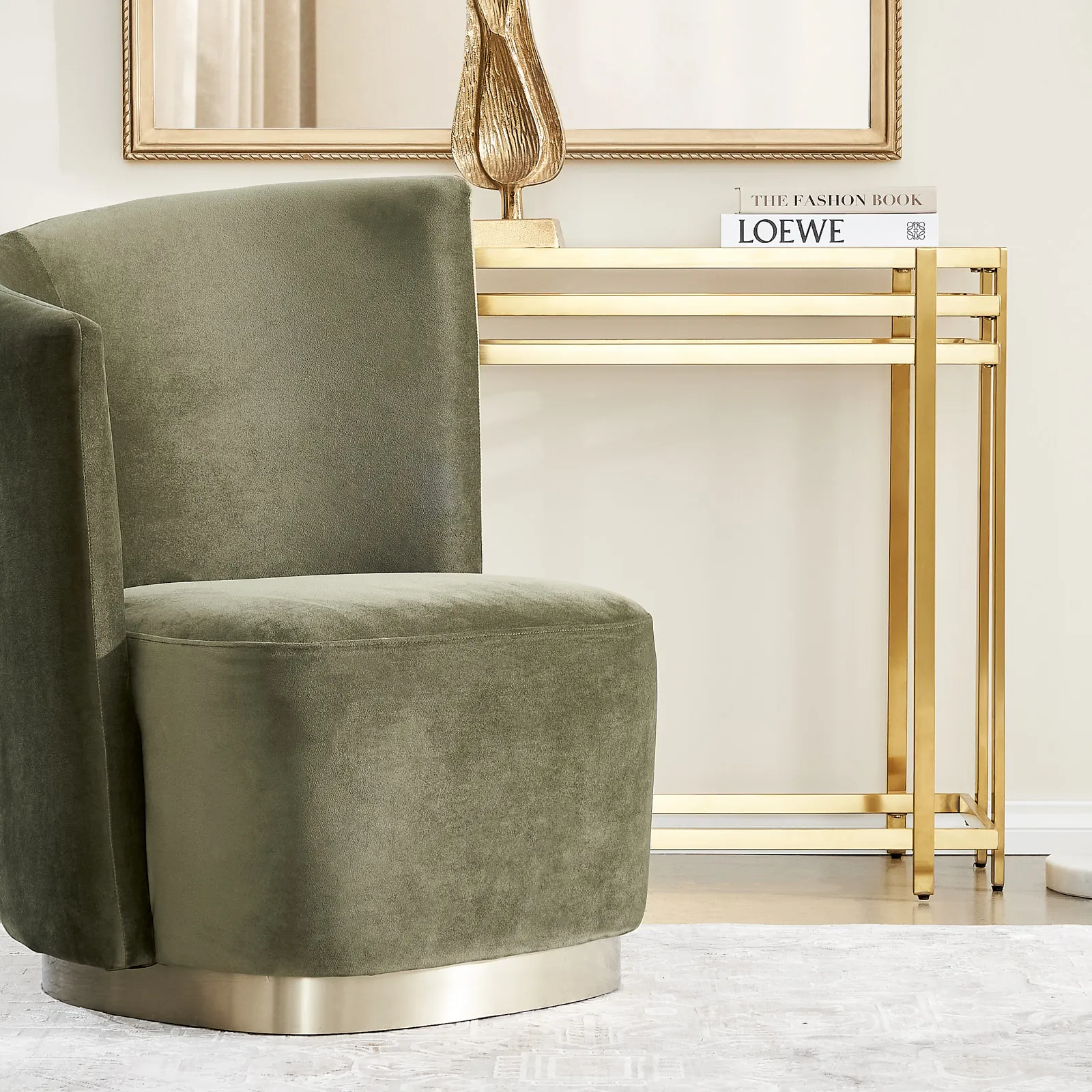 Reina Asymmetrical Olive Green Velvet Chair - Brushed Champagne Gold Stainless Steel Legs Left Apex