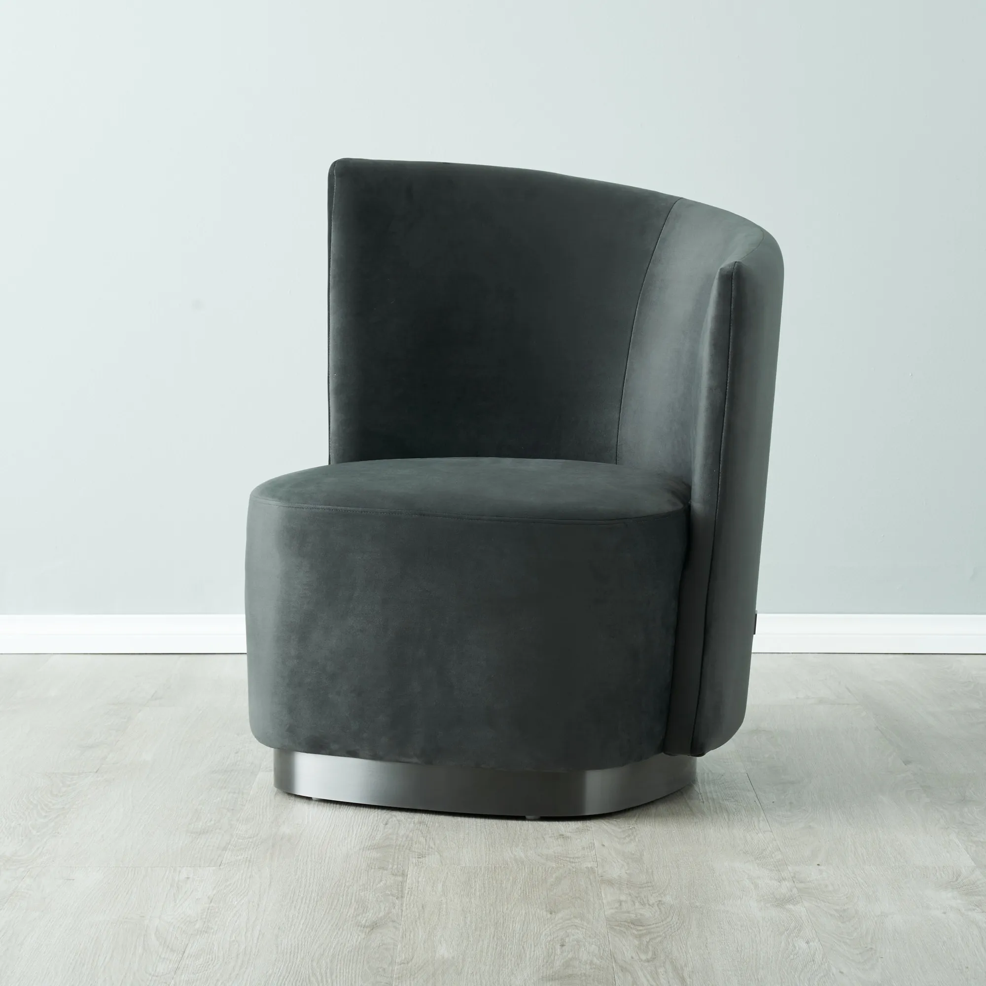 Reina Asymmetrical Charcoal Velvet Chair - Brushed Black Nickel Stainless Steel Legs Right Apex