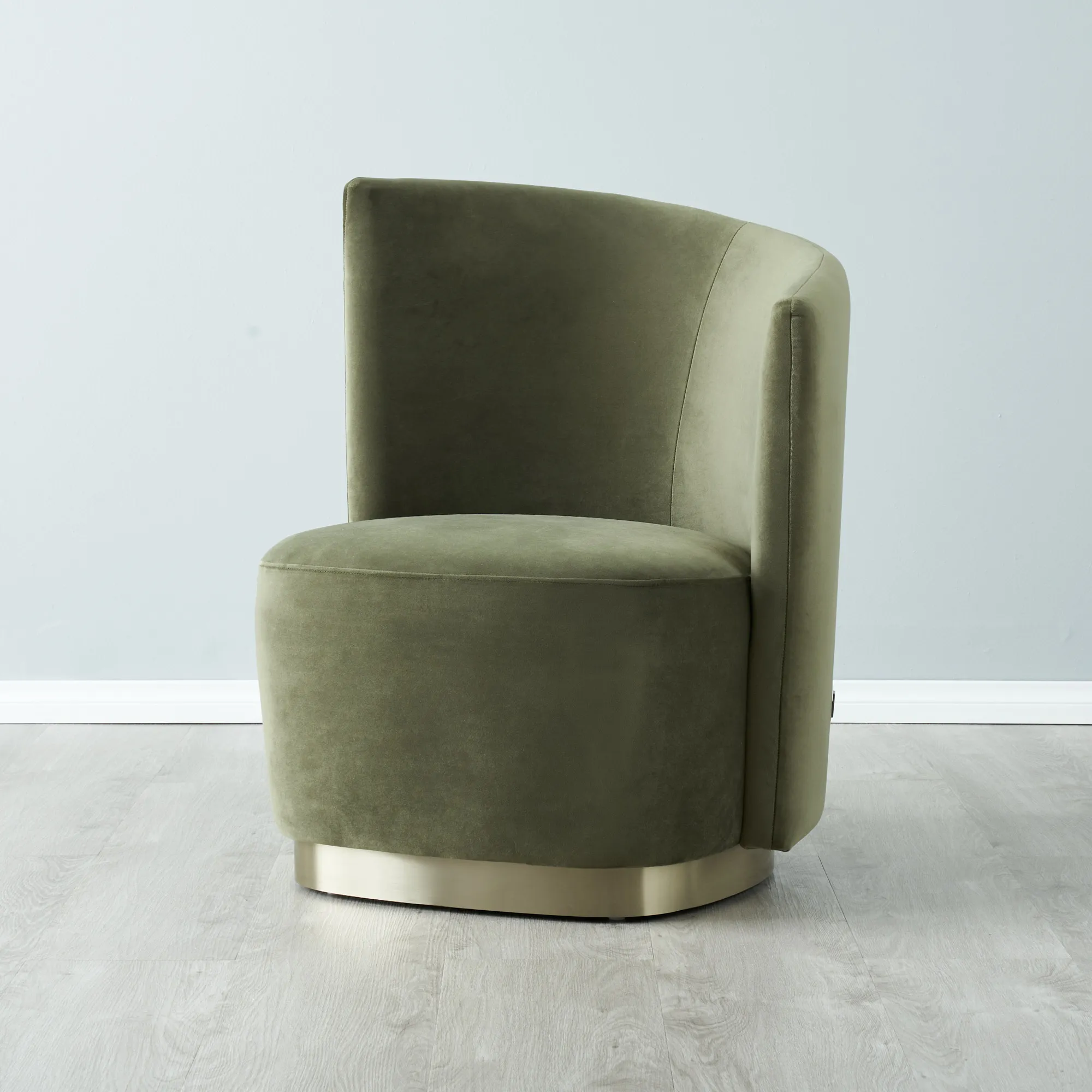 Reina Asymmetrical Olive Green Velvet Chair - Brushed Champagne Gold Stainless Steel Legs Right Apex