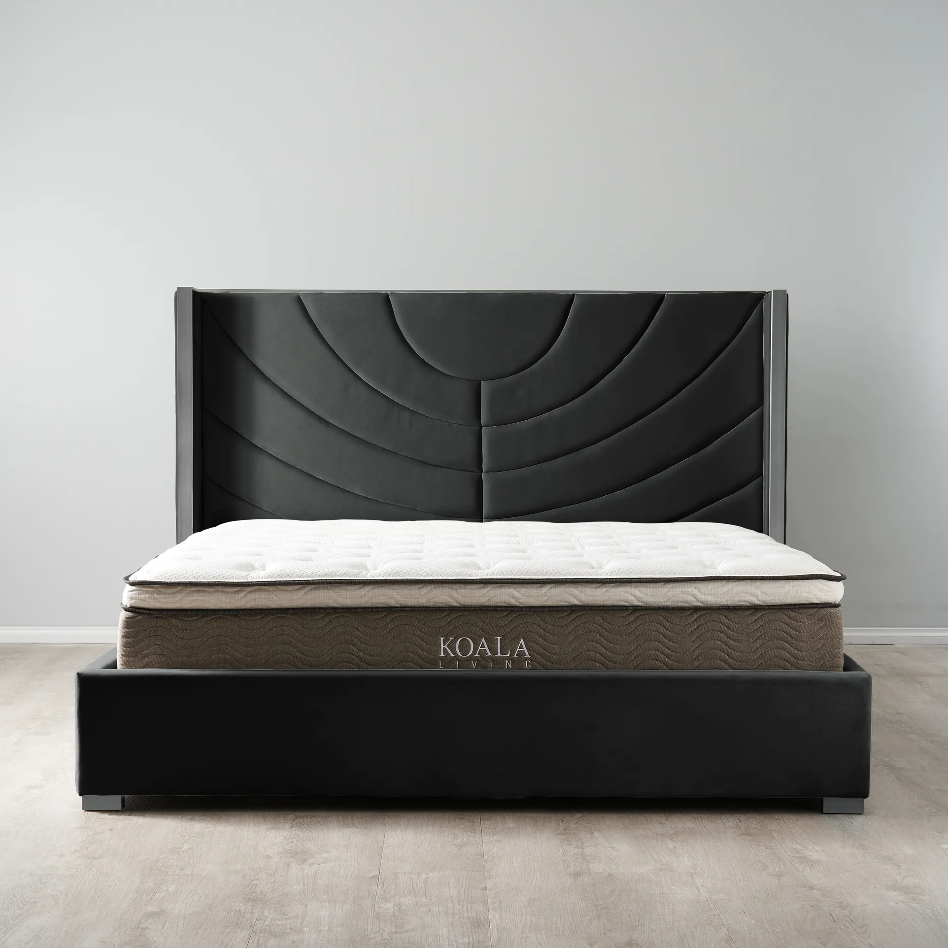 Gertrude Charcoal Velvet King Bed - Brushed Black Nickel Stainless Steel Frame