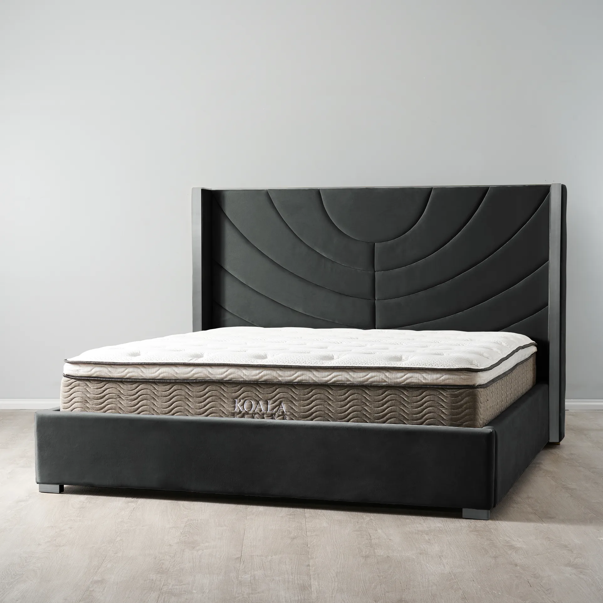 Gertrude Charcoal Velvet King Bed - Brushed Black Nickel Stainless Steel Frame
