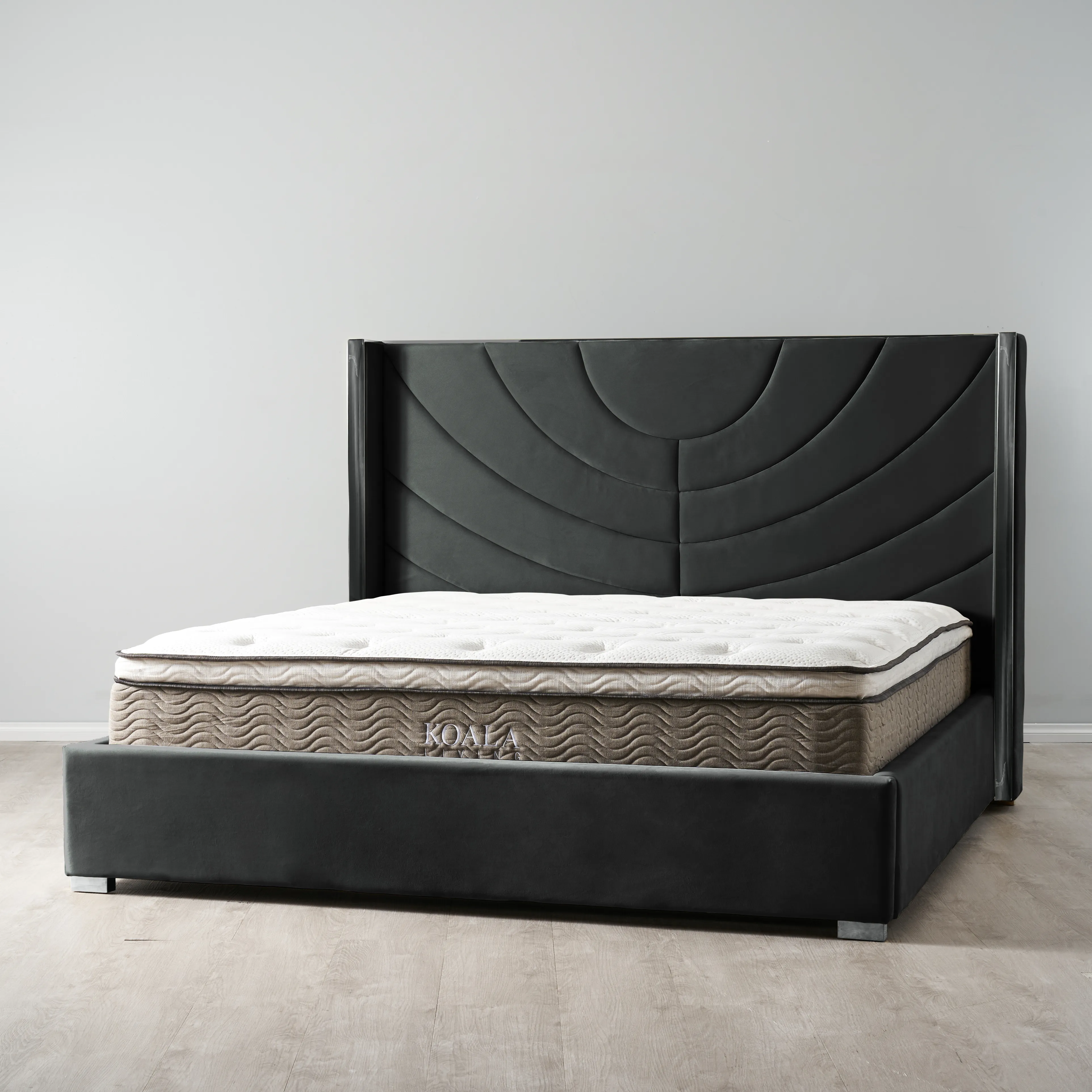 Gertrude Charcoal Velvet Queen Bed - Brushed Black Nickel Stainless Steel Frame