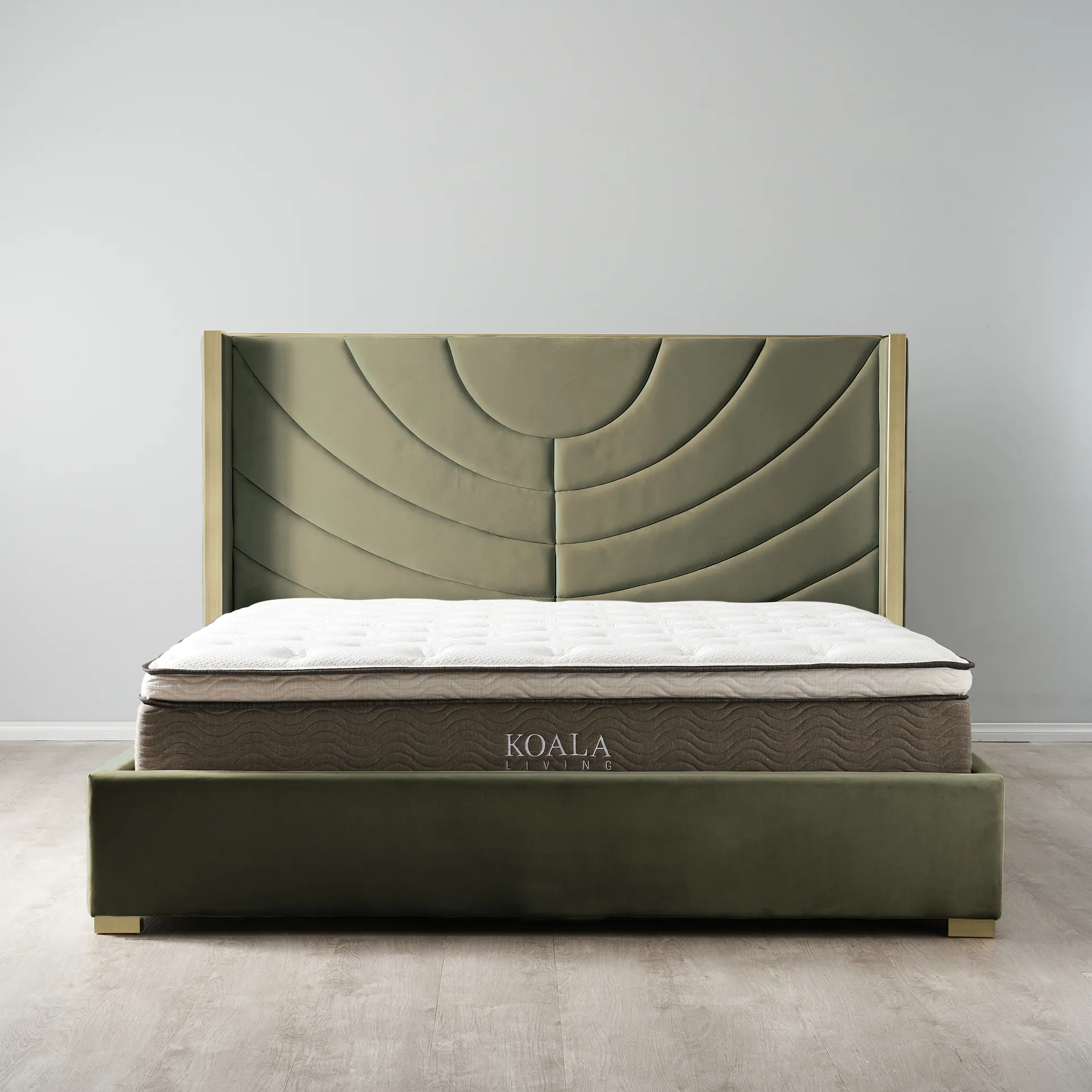 Gertrude Olive Green Velvet King Bed - Brushed Champagne Gold Stainless Steel Frame