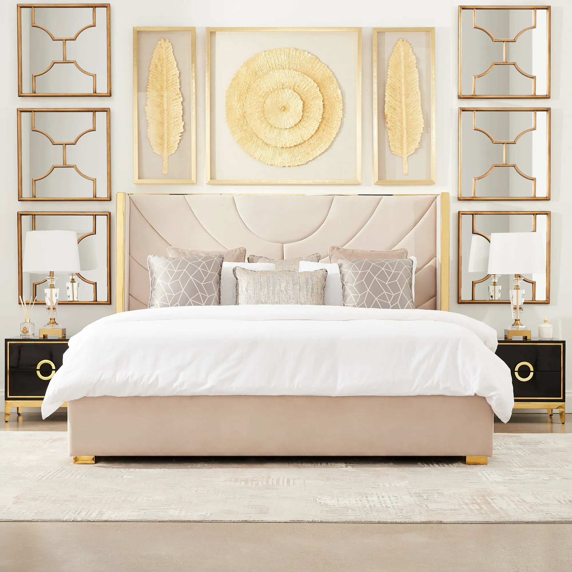 Gertrude Olive Green Velvet Queen Bed - Brushed Champagne Gold Stainless Steel Frame