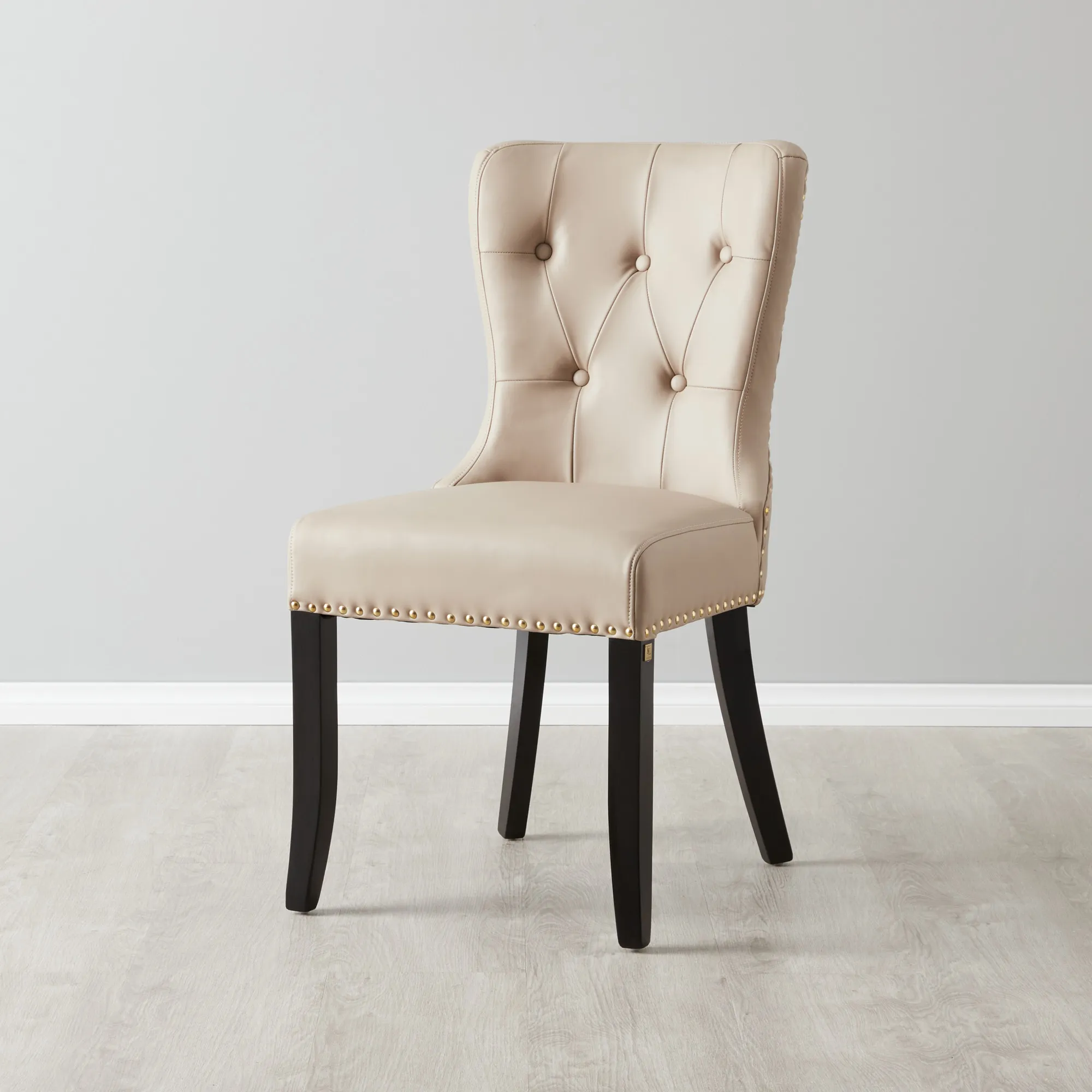 Viktor Sand Beige Vegan Leather Dining Chair - Gold Lionhead Pull