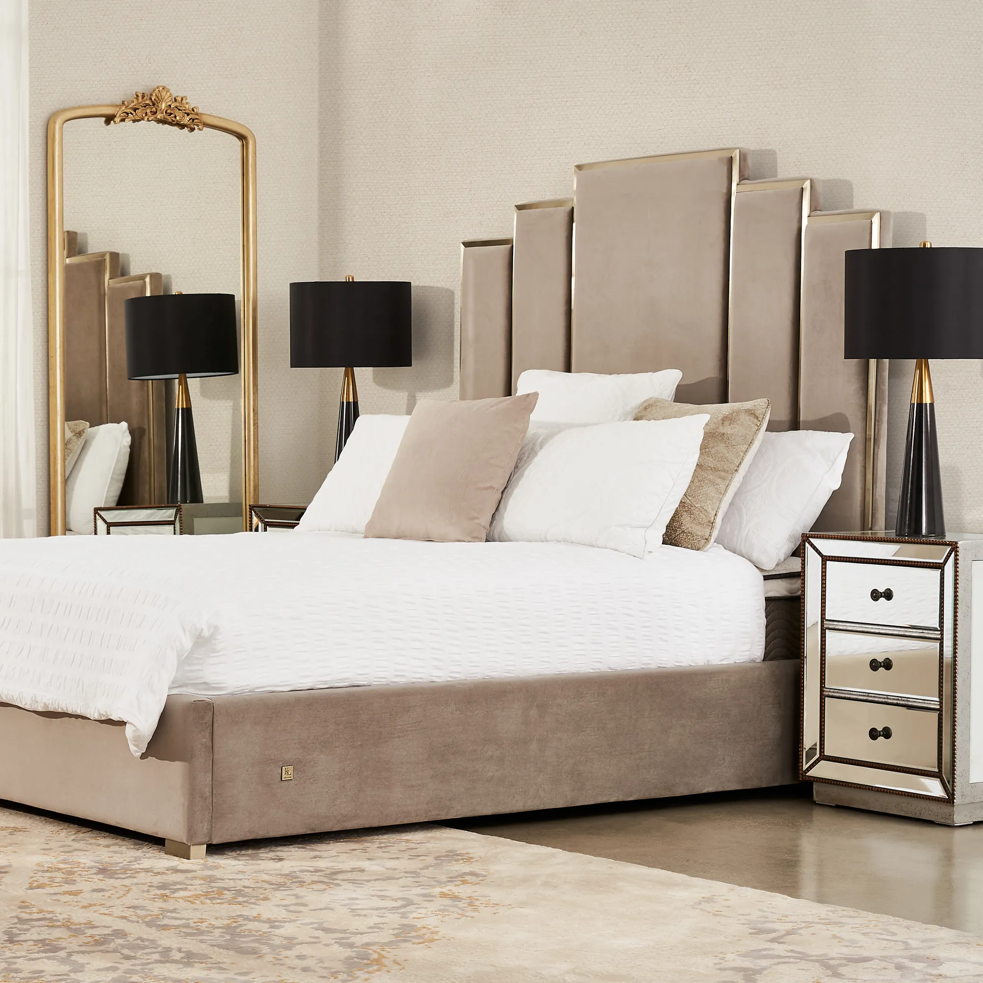 Jacques Beige Velvet King Bed-Brushed Champagne Gold Frame