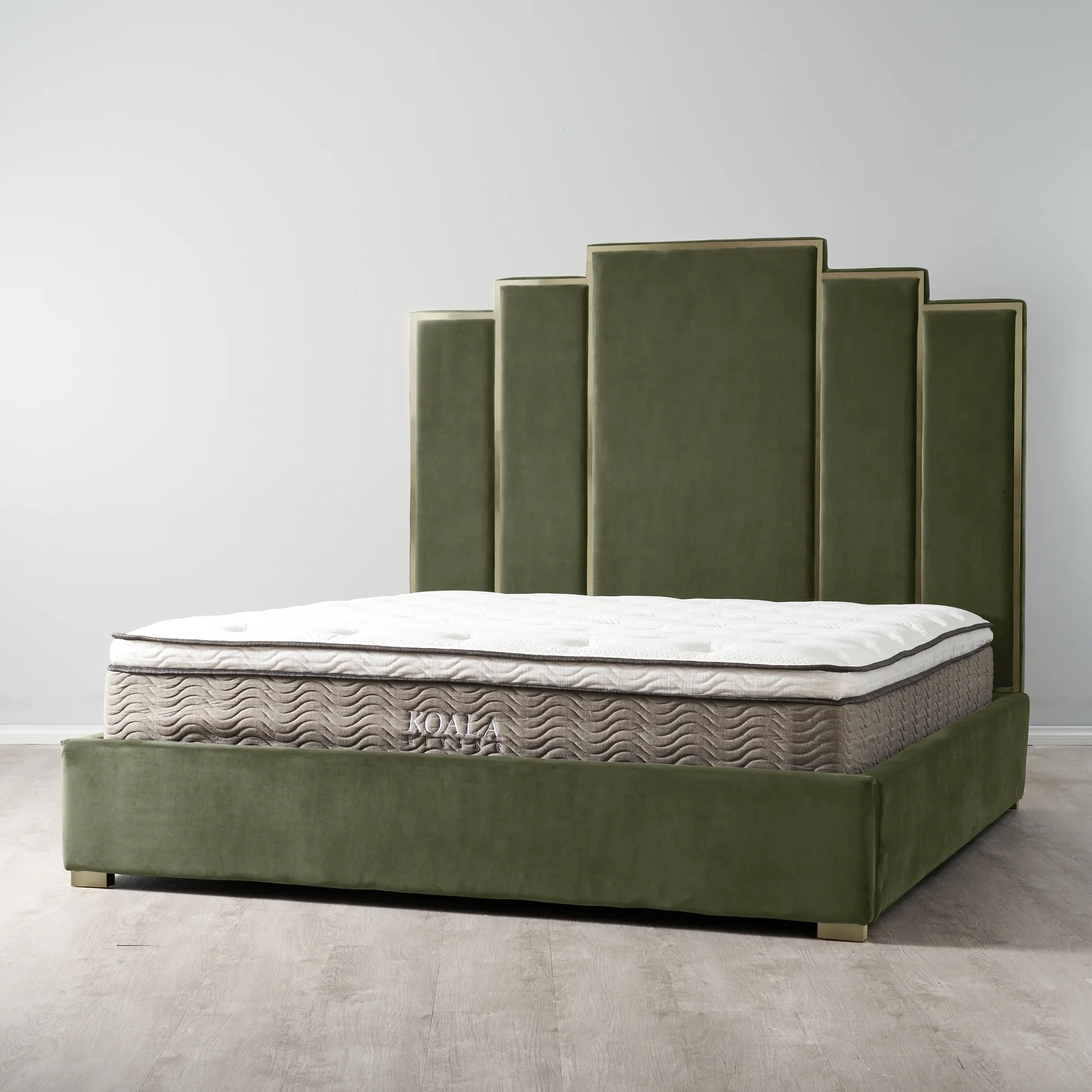 Jacques Olive Green Velvet Queen Bed - Brushed Champagne Gold Frame