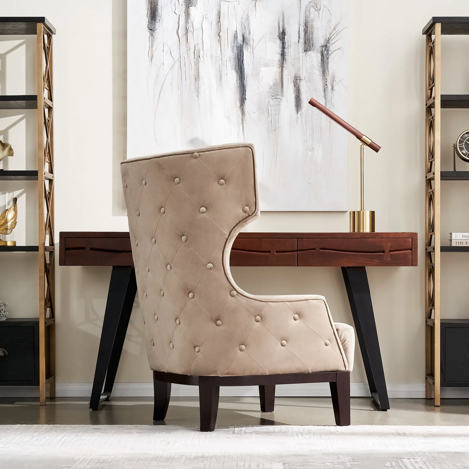 Kaia Brushed Gold Metal Table Lamp Walnut Metal Shade