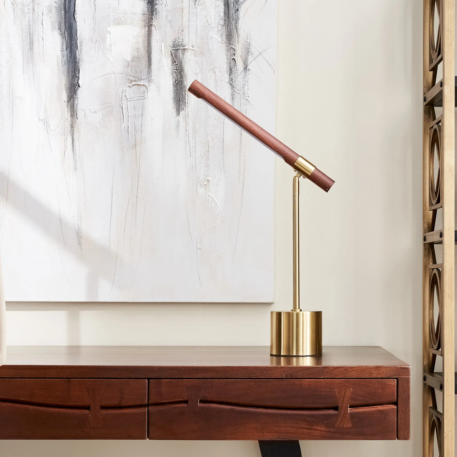 Kaia Brushed Gold Metal Table Lamp Walnut Metal Shade