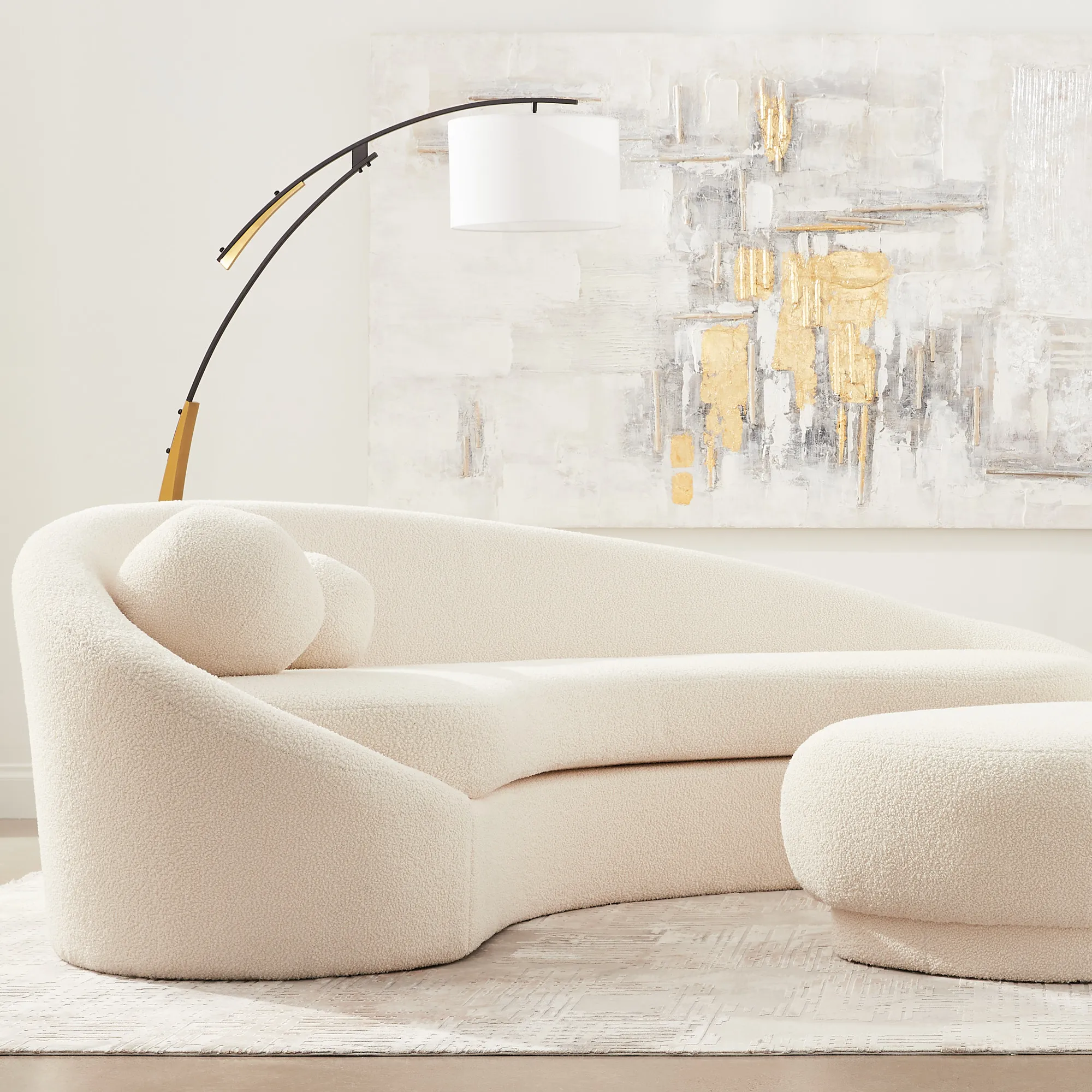 Crescent Brushed Gold Metal Floor Lamp-White Fabric Shade