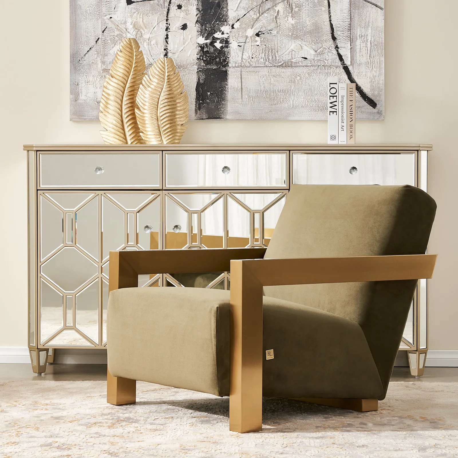 Stellan Olive Green Velvet Occasional Chair-Brushed Gold Legs