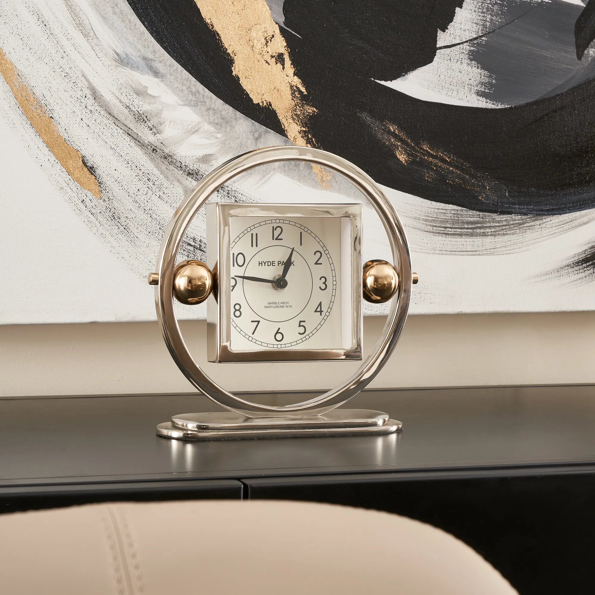 Tiffany Matte Antique Nickel and Brass Table Clock