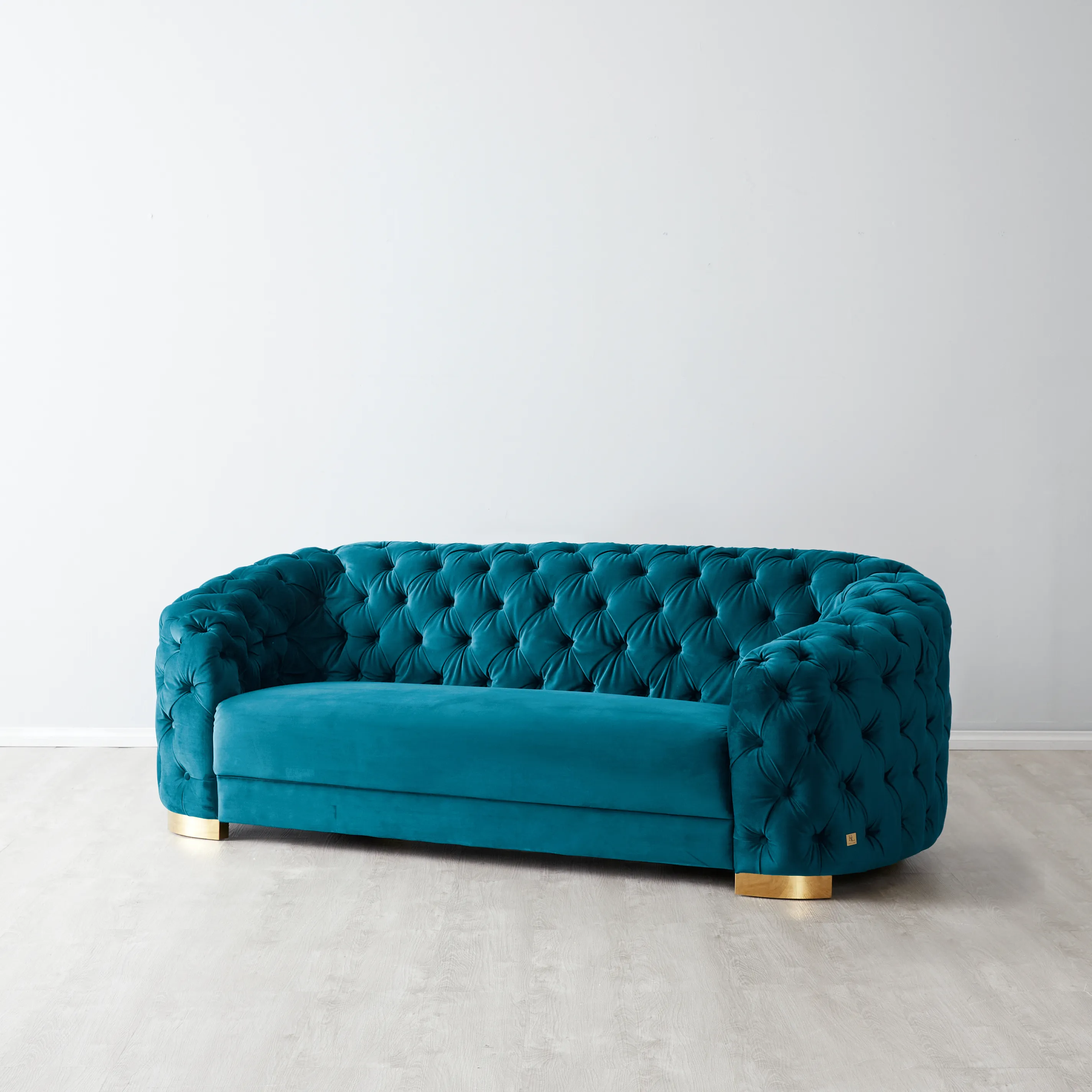 Kelly Peacock Blue Velvet 2 Seater Sofa Gold Legs