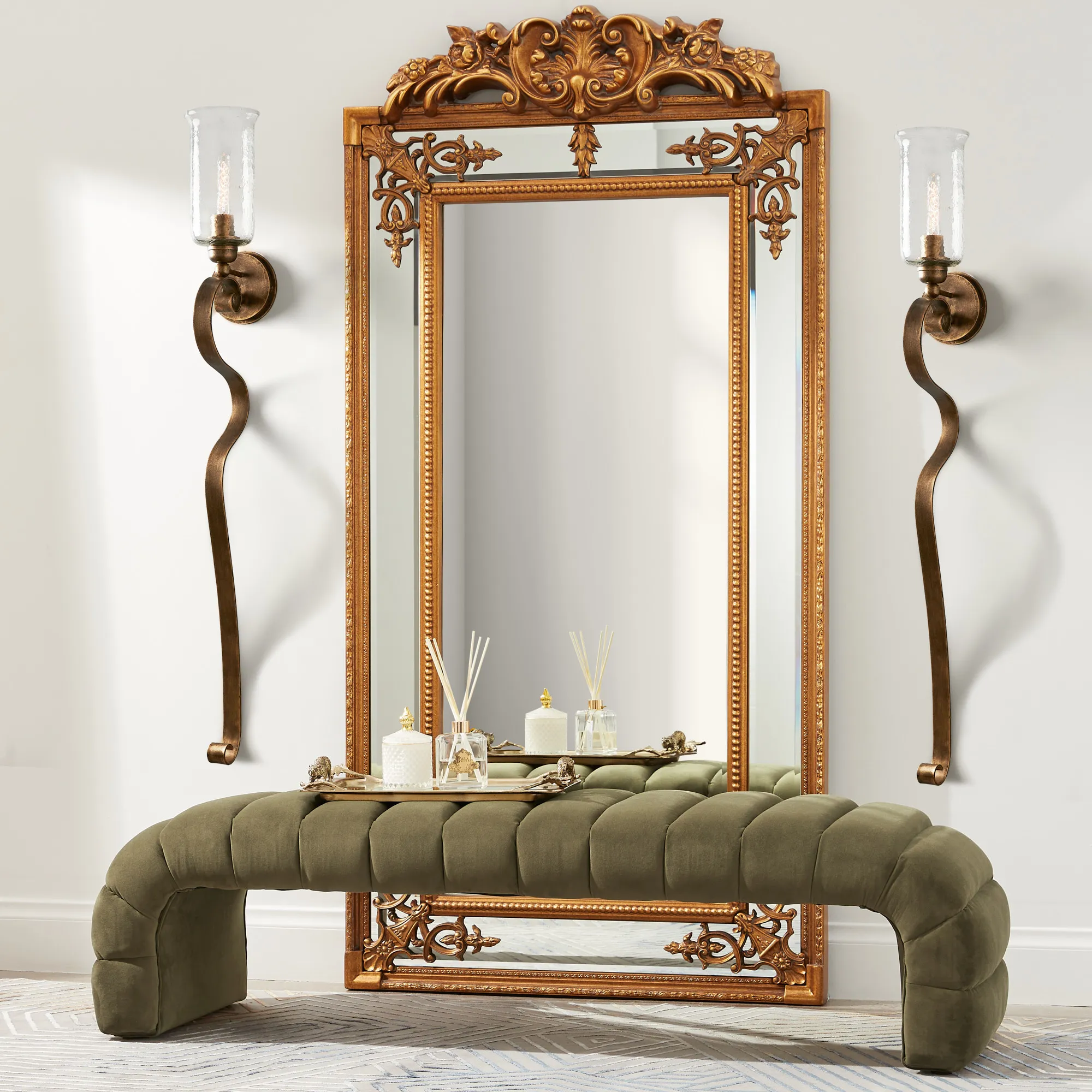 Annika Beige Velvet Curved Ottoman