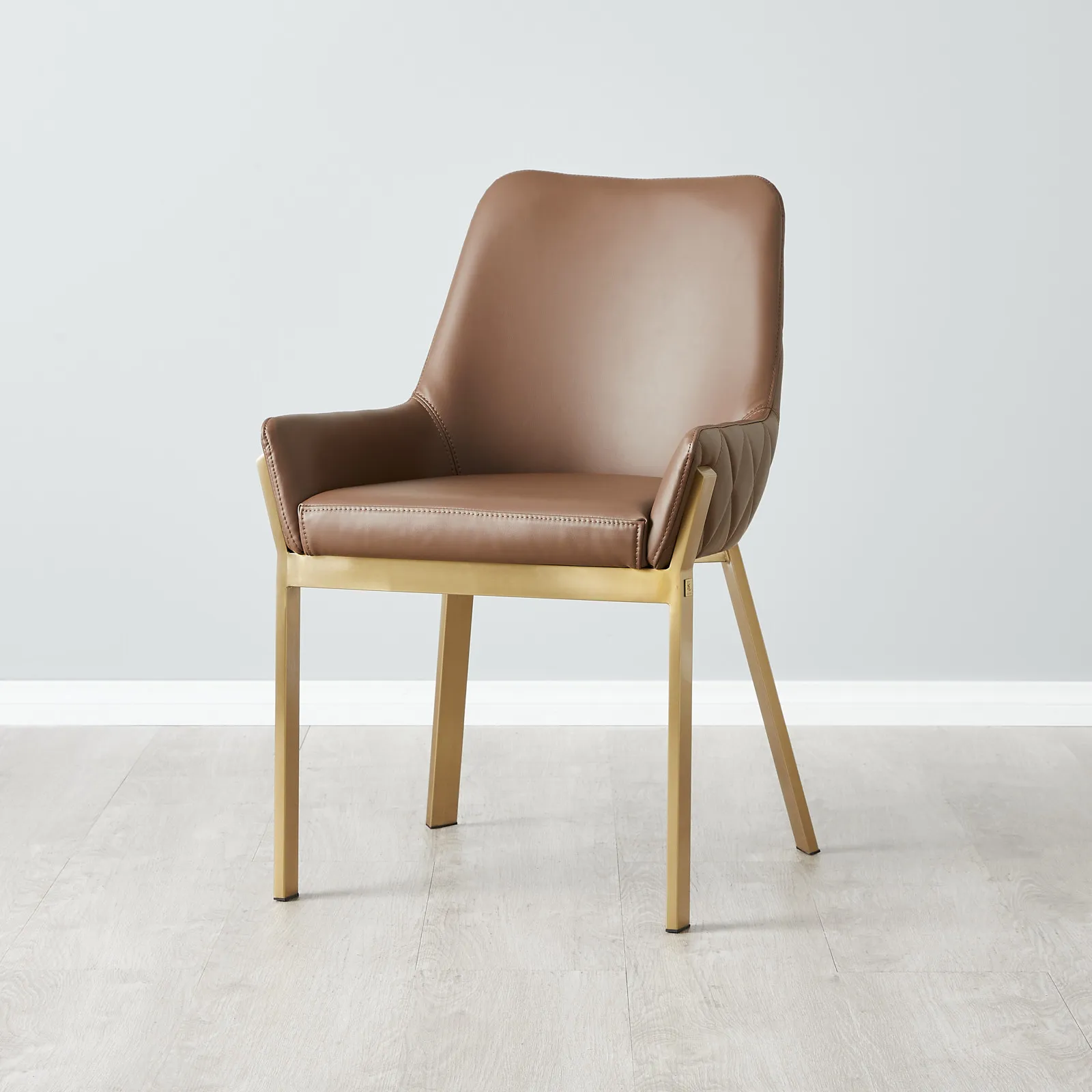 Arya II Tuscan Brown Vegan Leather Dining Chair - Brushed Gold Metal Legs
