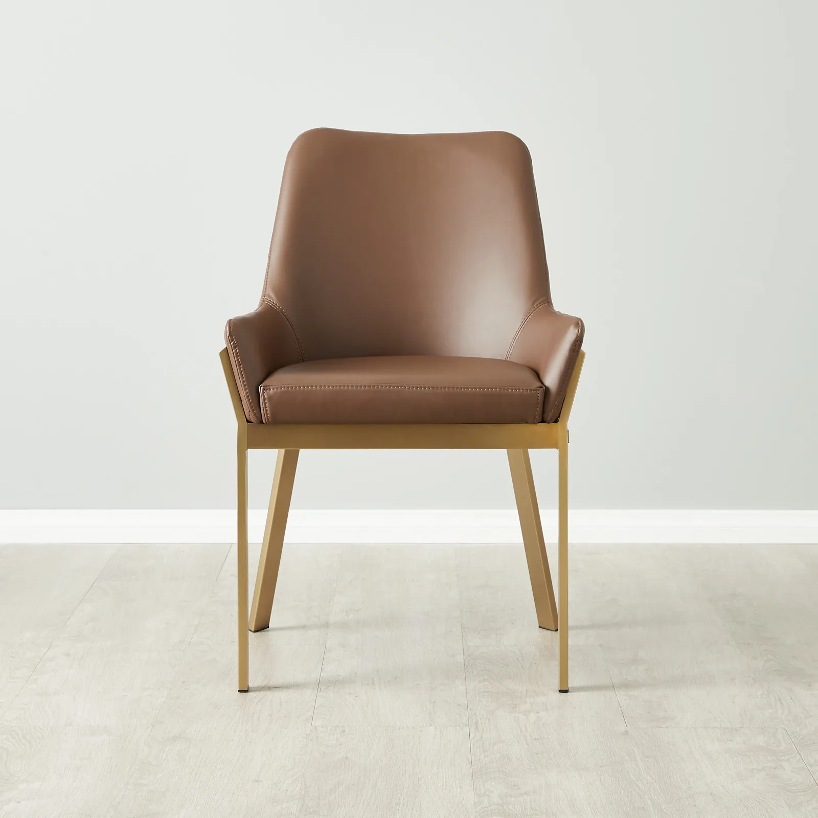Arya II Tuscan Brown Vegan Leather Dining Chair - Brushed Gold Metal Legs