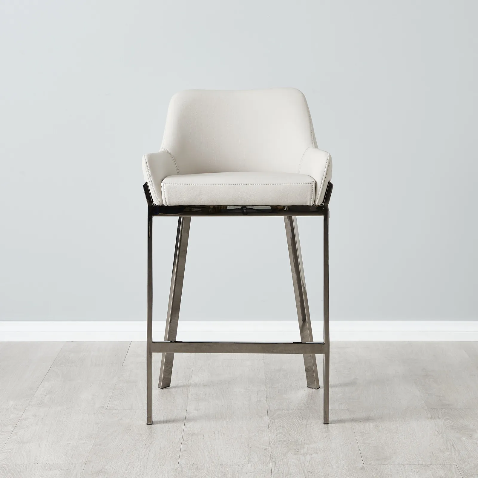 Arya II Glacier Grey Vegan Leather 67cm Counter Stool - Black Nickel Metal Legs