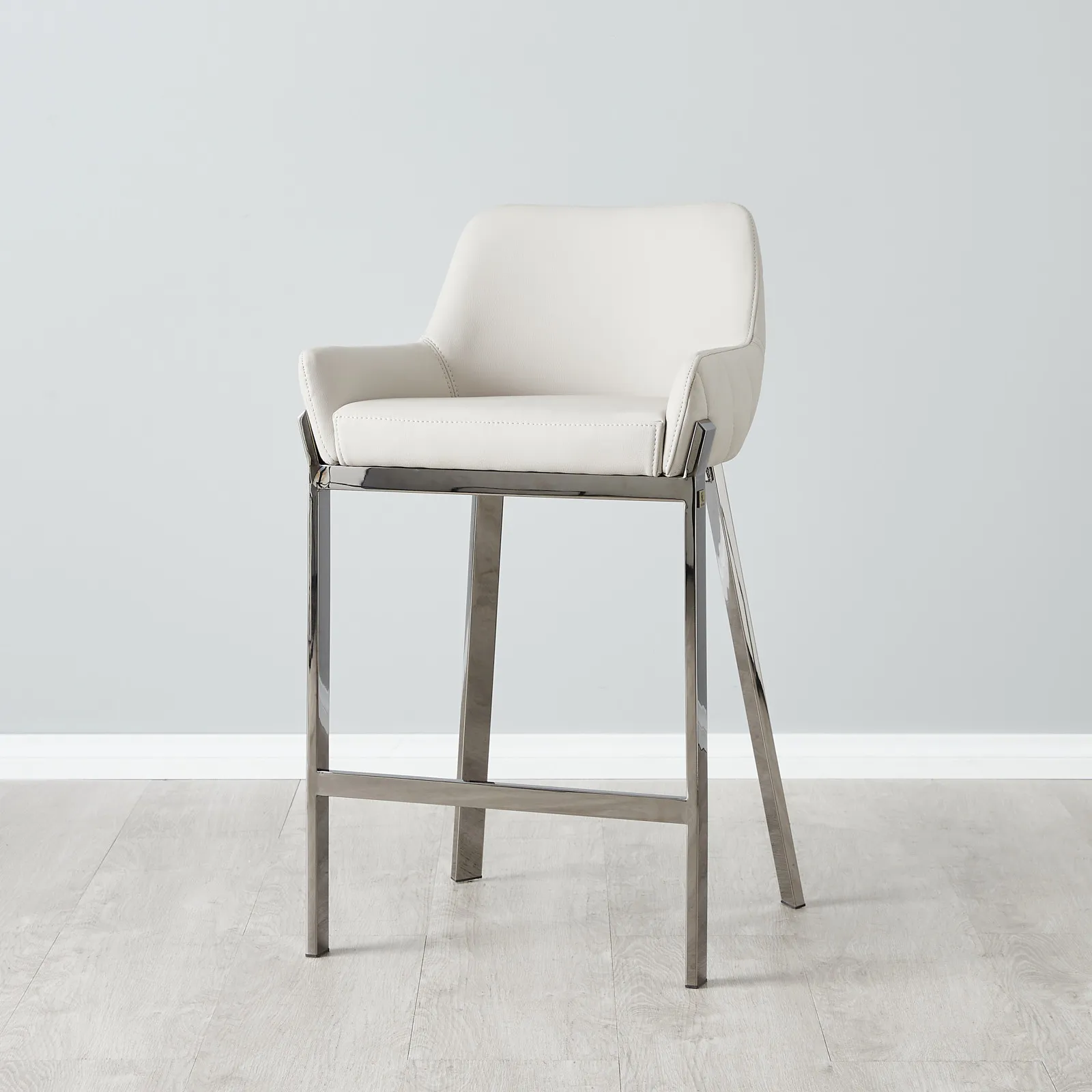 Arya II Glacier Grey Vegan Leather 67cm Counter Stool - Black Nickel Metal Legs