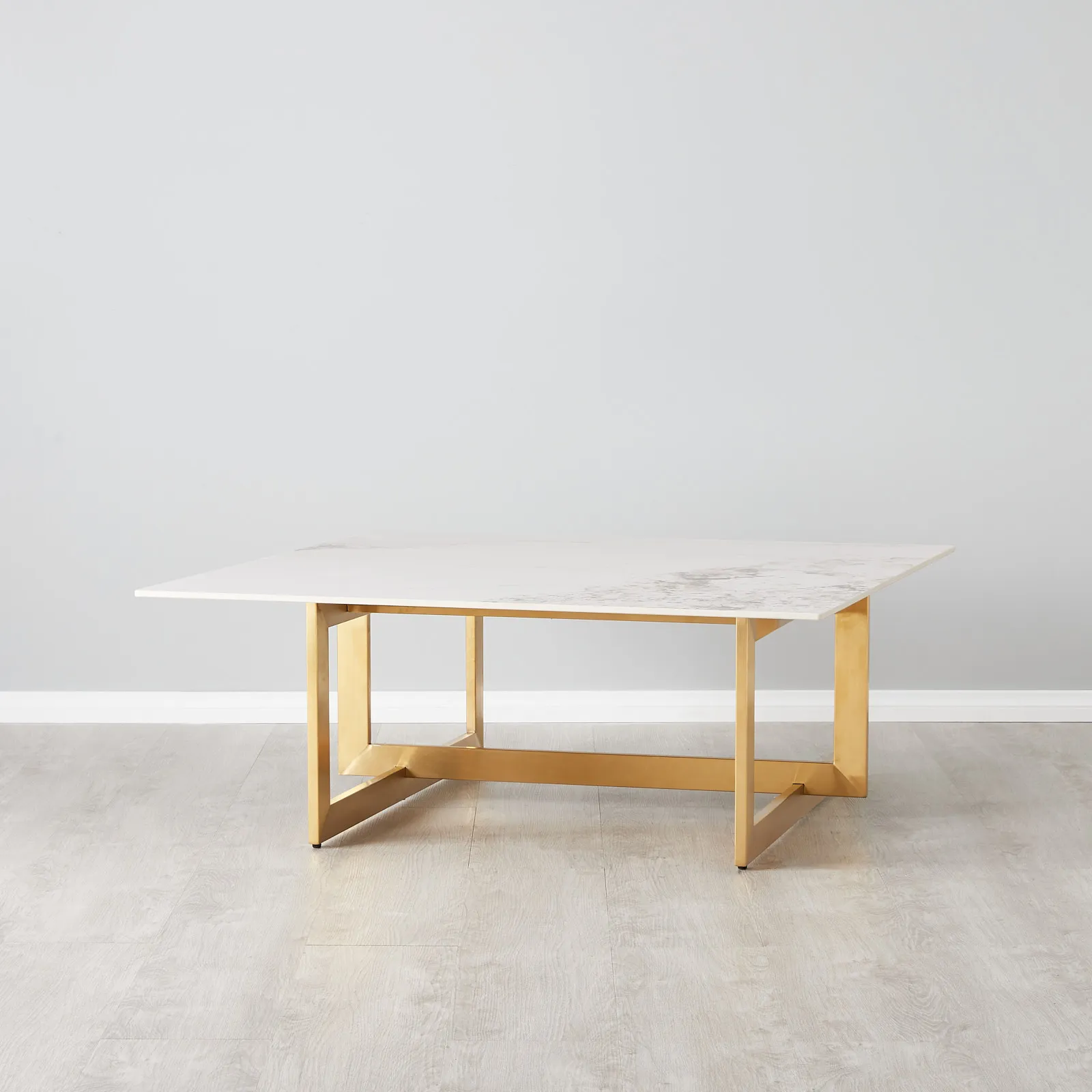 Dianne White Grey-Streaked Sintered Stone Coffee Table - Brushed Gold Stainless Steel Frame