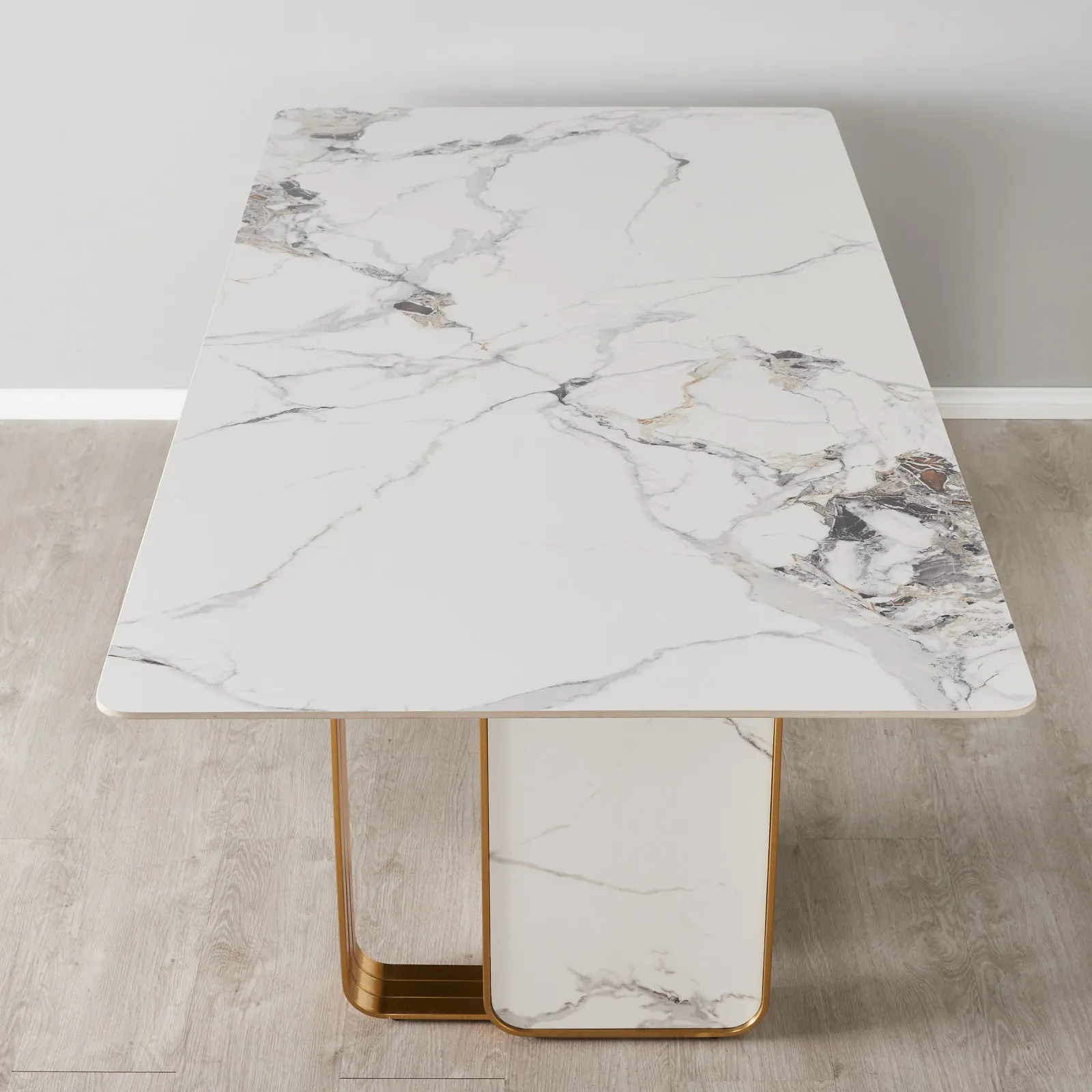 Marbella Cold Calacatta White Sintered Stone Dining Table - Brushed Gold Frame