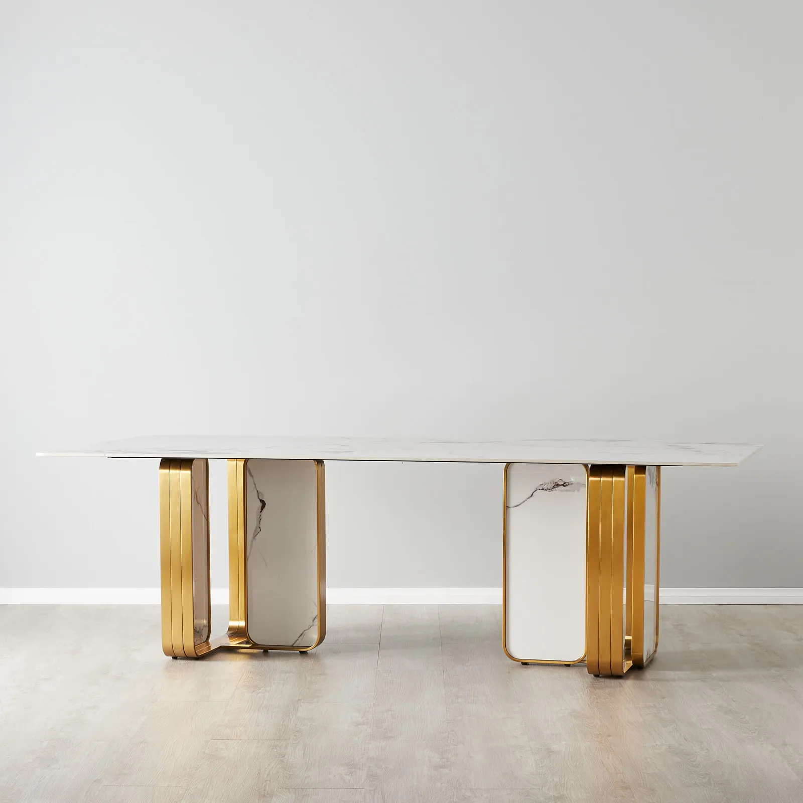 Marbella Cold Calacatta White Sintered Stone Dining Table - Brushed Gold Frame