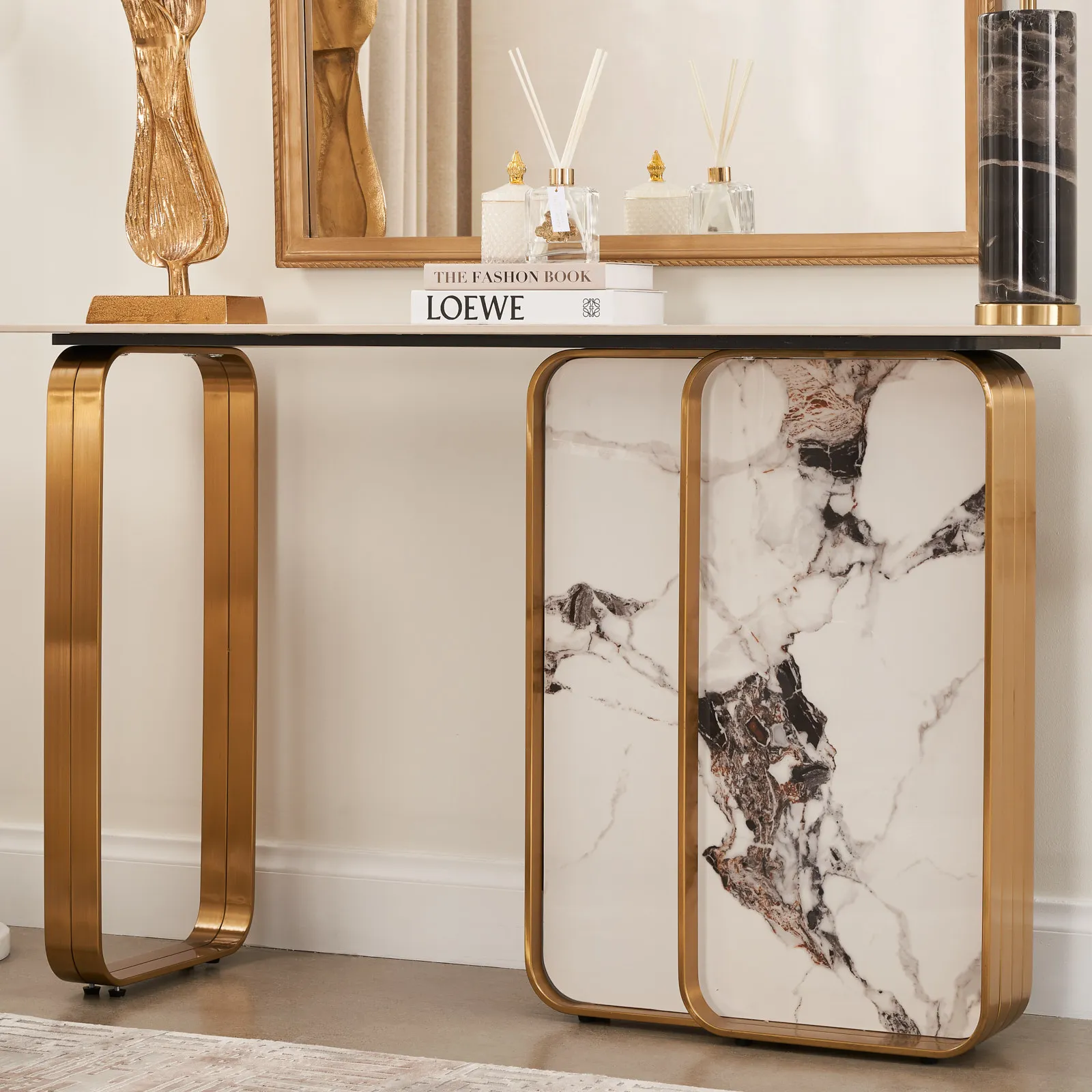 Marbella Cold Calacatta White Sintered Stone Sideboard - Brushed Gold Frame	