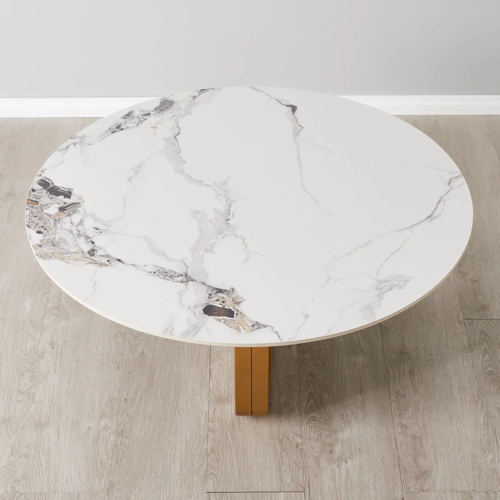 Marbella Round Cold Calacatta White Sintered Stone Coffee Table - Brushed Gold Frame