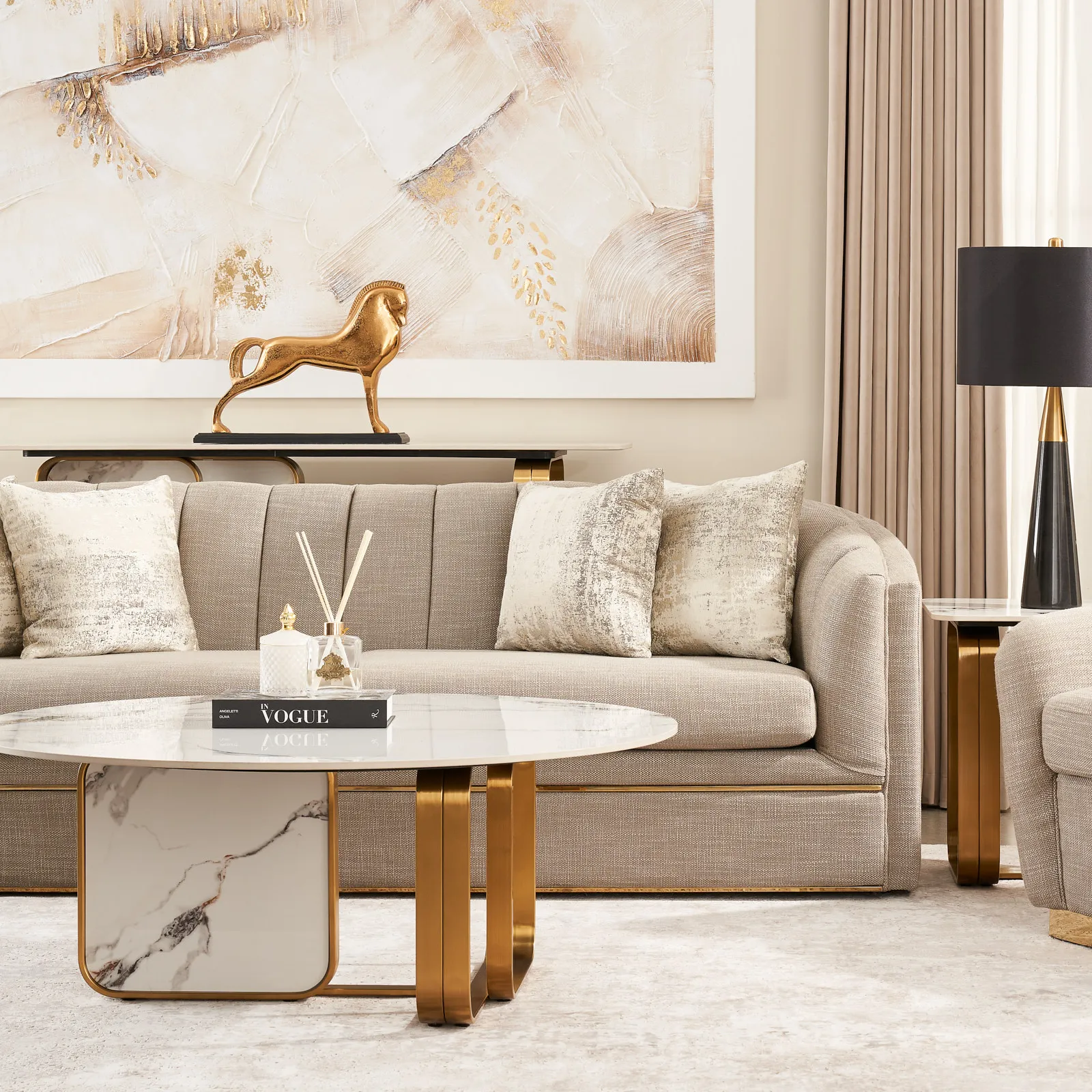 Marbella Round Cold Calacatta White Sintered Stone Coffee Table - Brushed Gold Frame