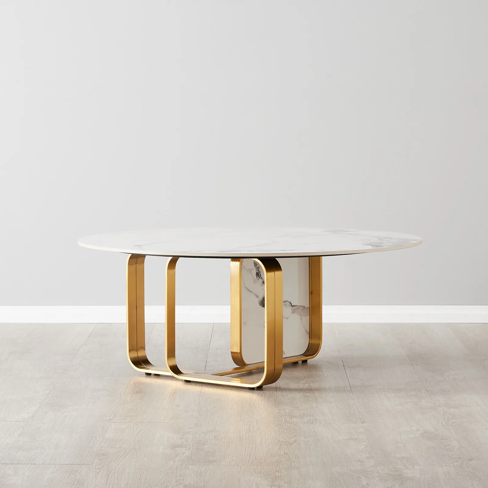 Marbella Round Cold Calacatta White Sintered Stone Coffee Table - Brushed Gold Frame