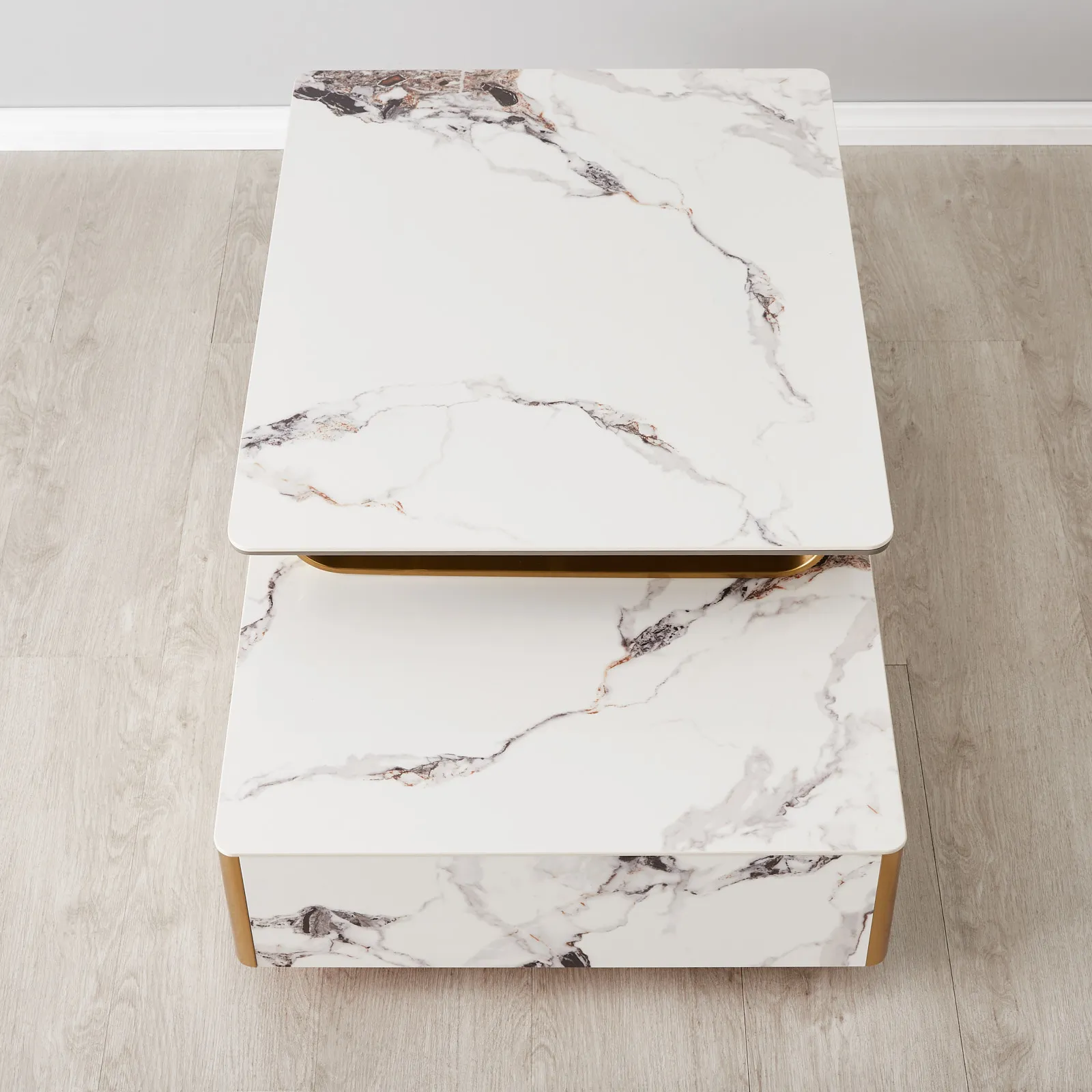 Marbella 2-Layered Cold Calacatta White Sintered Stone Coffee Table - Brushed Gold Frame