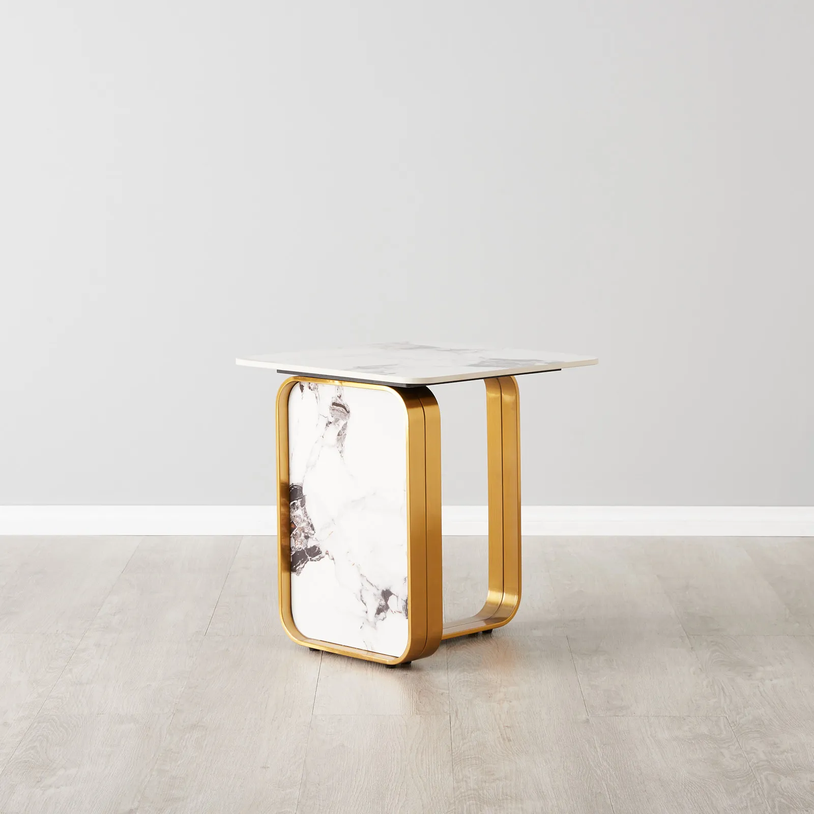 Marbella Cold Calacatta White Sintered Stone Side Table - Brushed Gold Frame