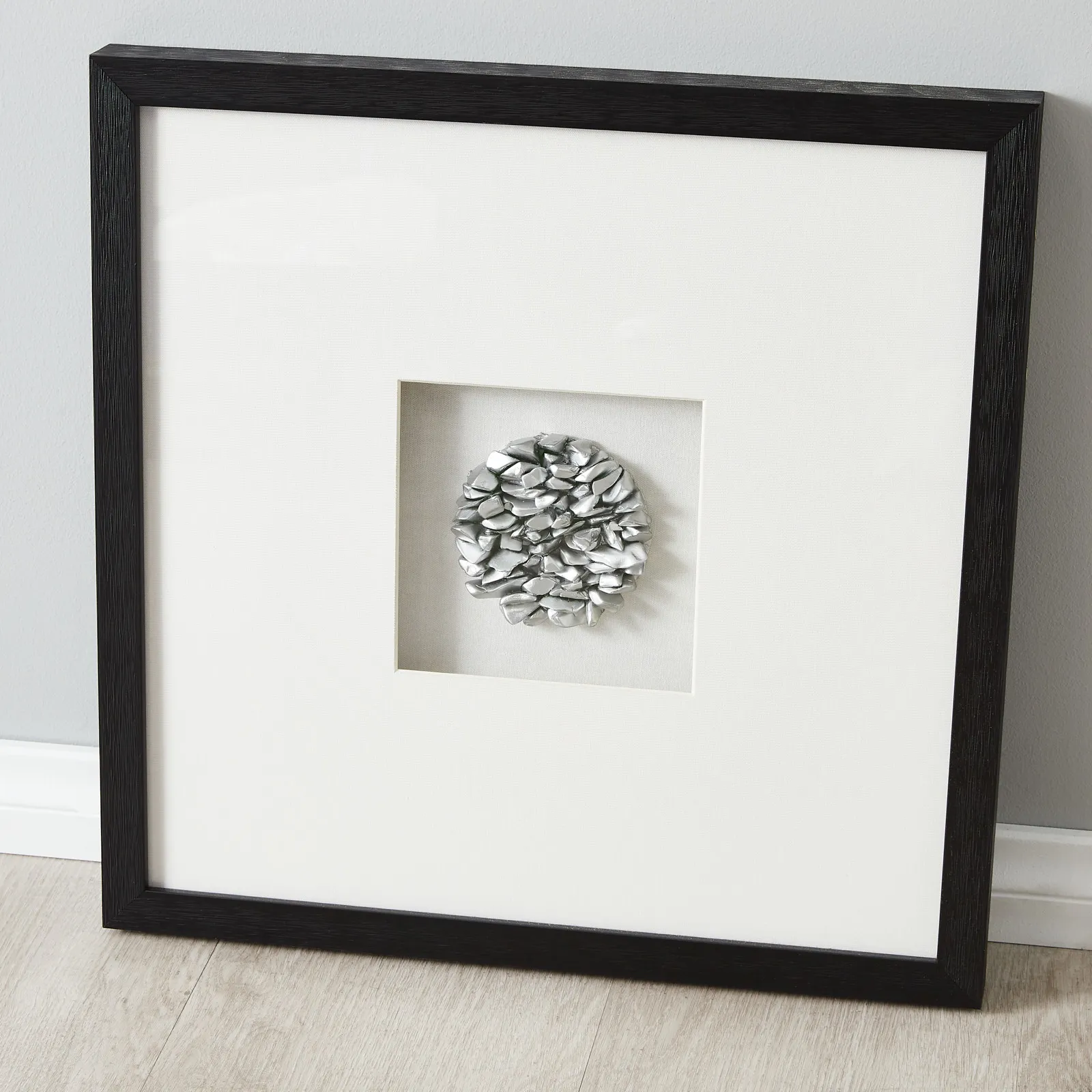 Metallic Grey Stones Shadow Box With Black Frame