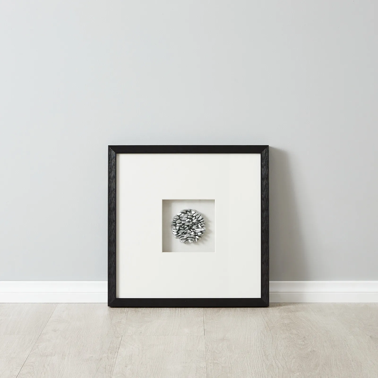 Metallic Grey Stones Shadow Box With Black Frame