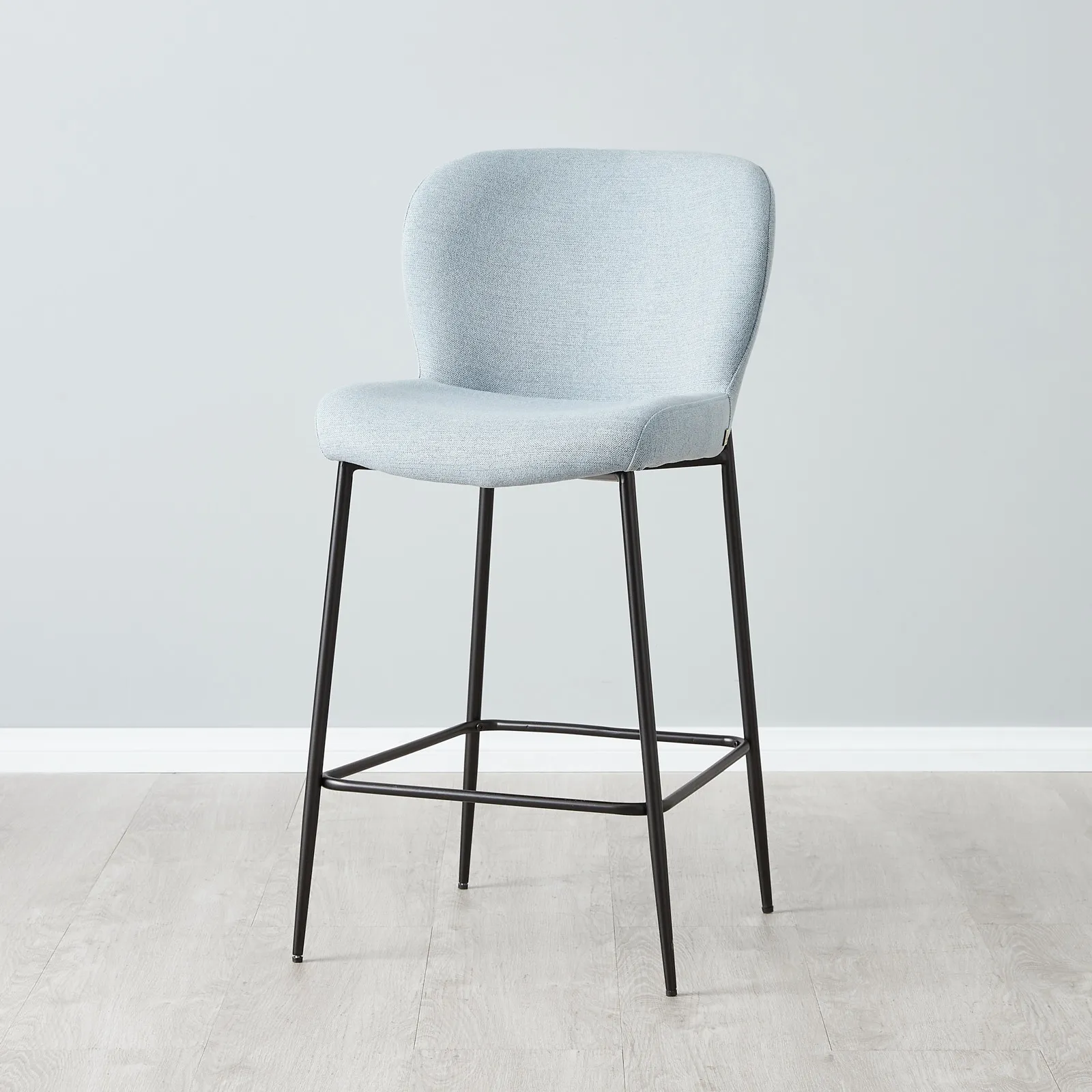 Hailey Light Blue Woven Fabric 67cm Counter Stool - Black Metal Legs