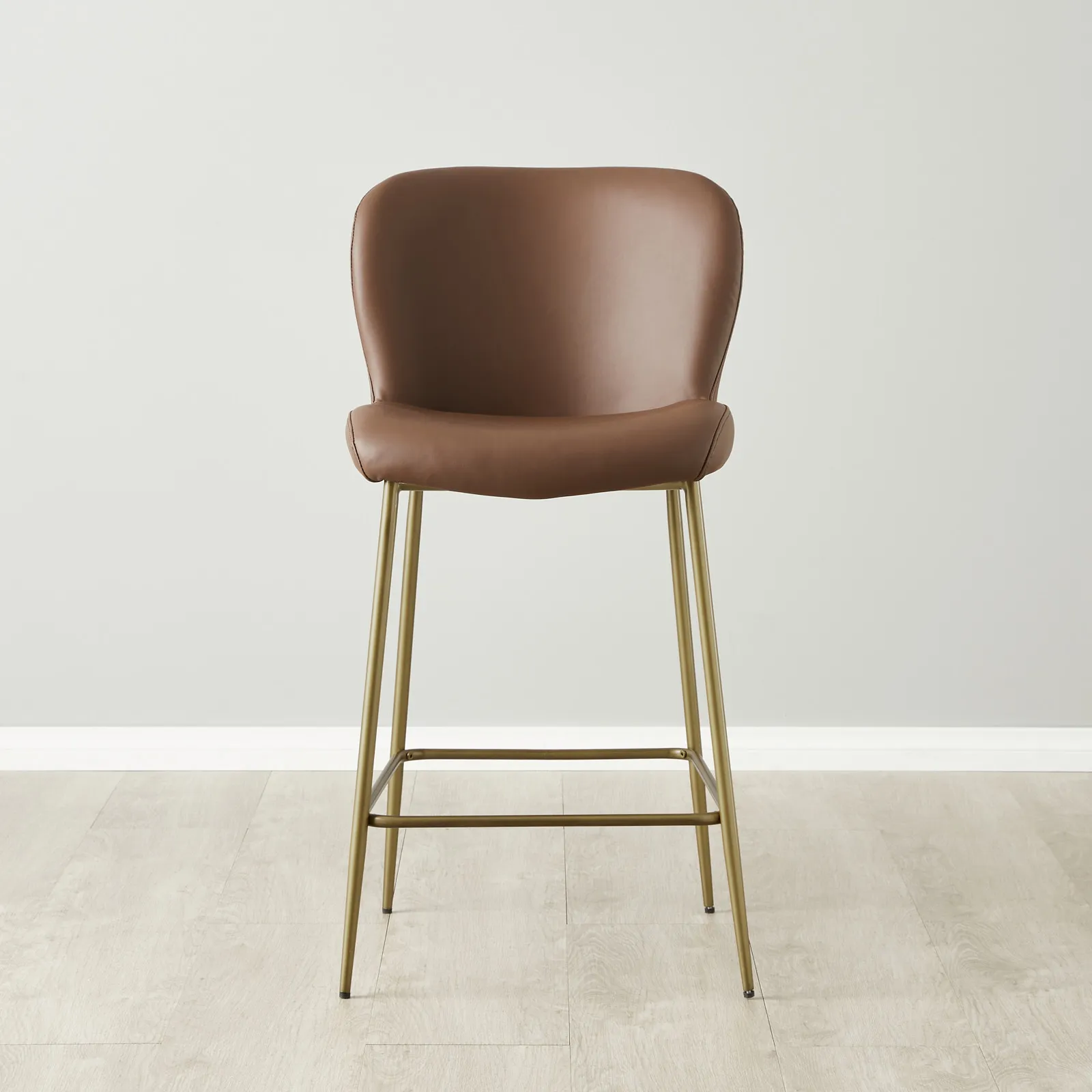 Hailey Tuscan Brown Vegan Leather 67cm Counter Stool - Warm Brushed Bronze Metal Legs