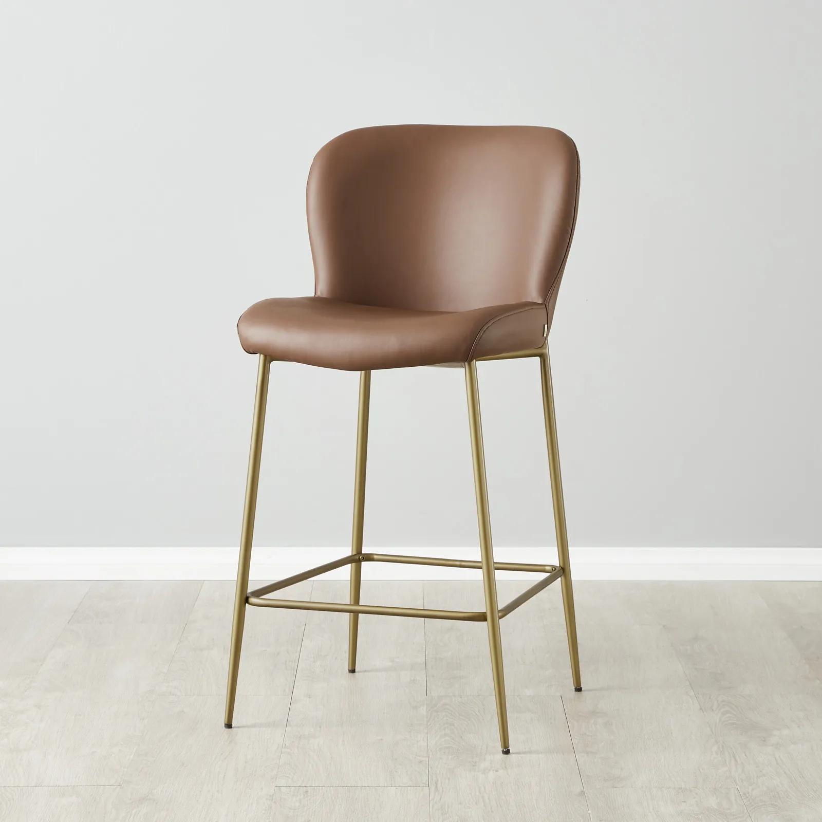 Hailey Tuscan Brown Vegan Leather 67cm Counter Stool - Warm Brushed Bronze Metal Legs