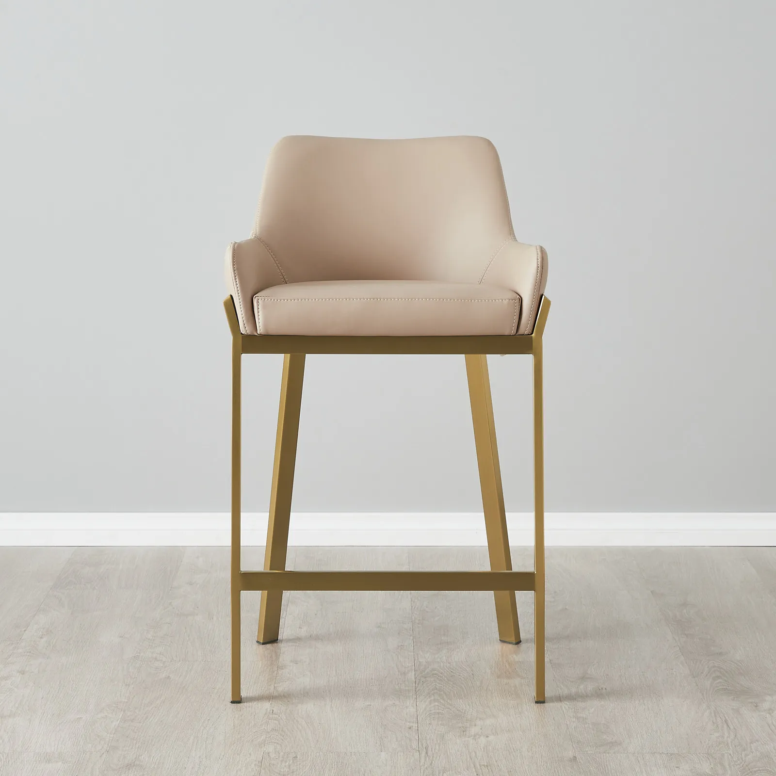 Arya II Sand Beige Vegan Leather 67cm Counter Stool - Brushed Gold Metal Legs