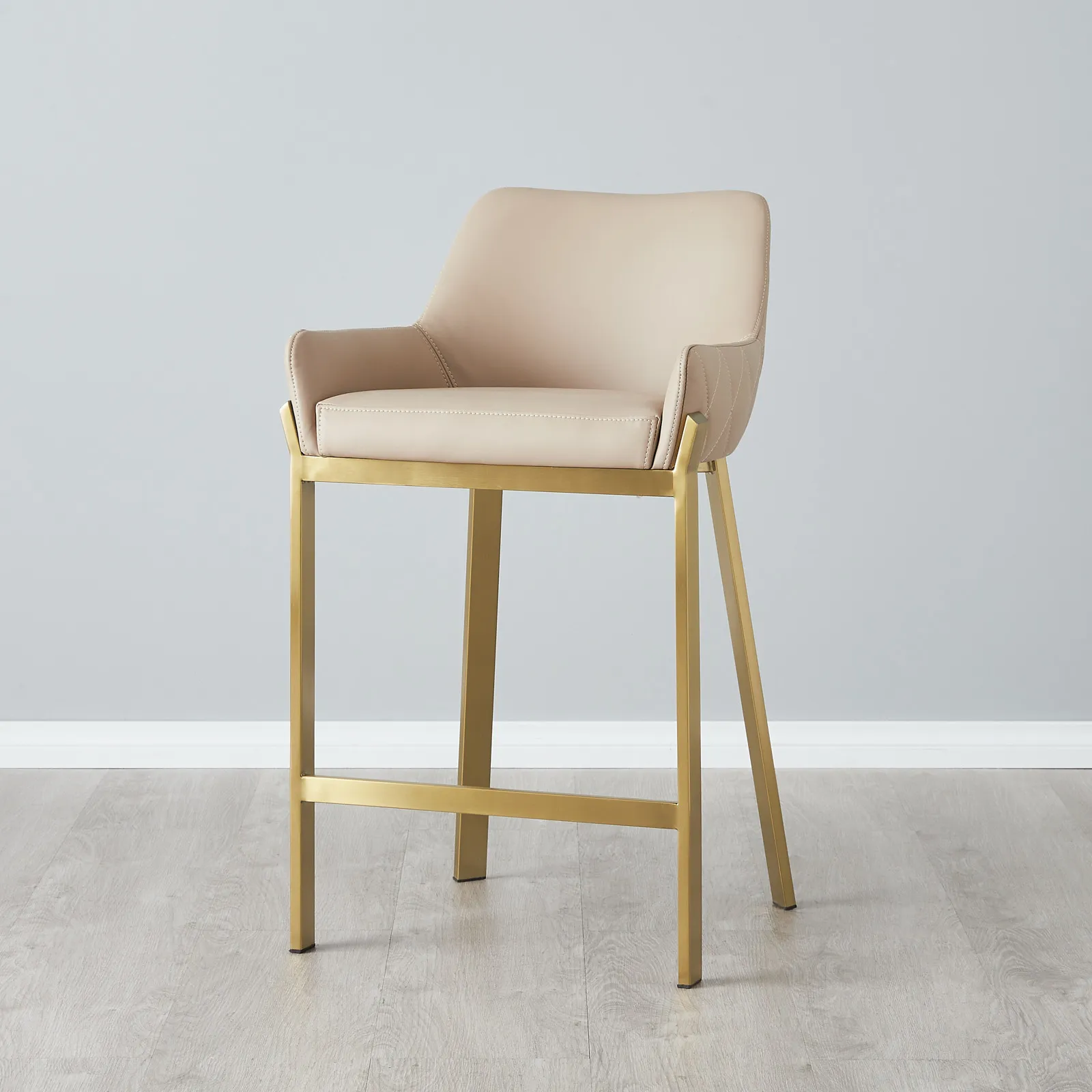Arya II Sand Beige Vegan Leather 67cm Counter Stool - Brushed Gold Metal Legs