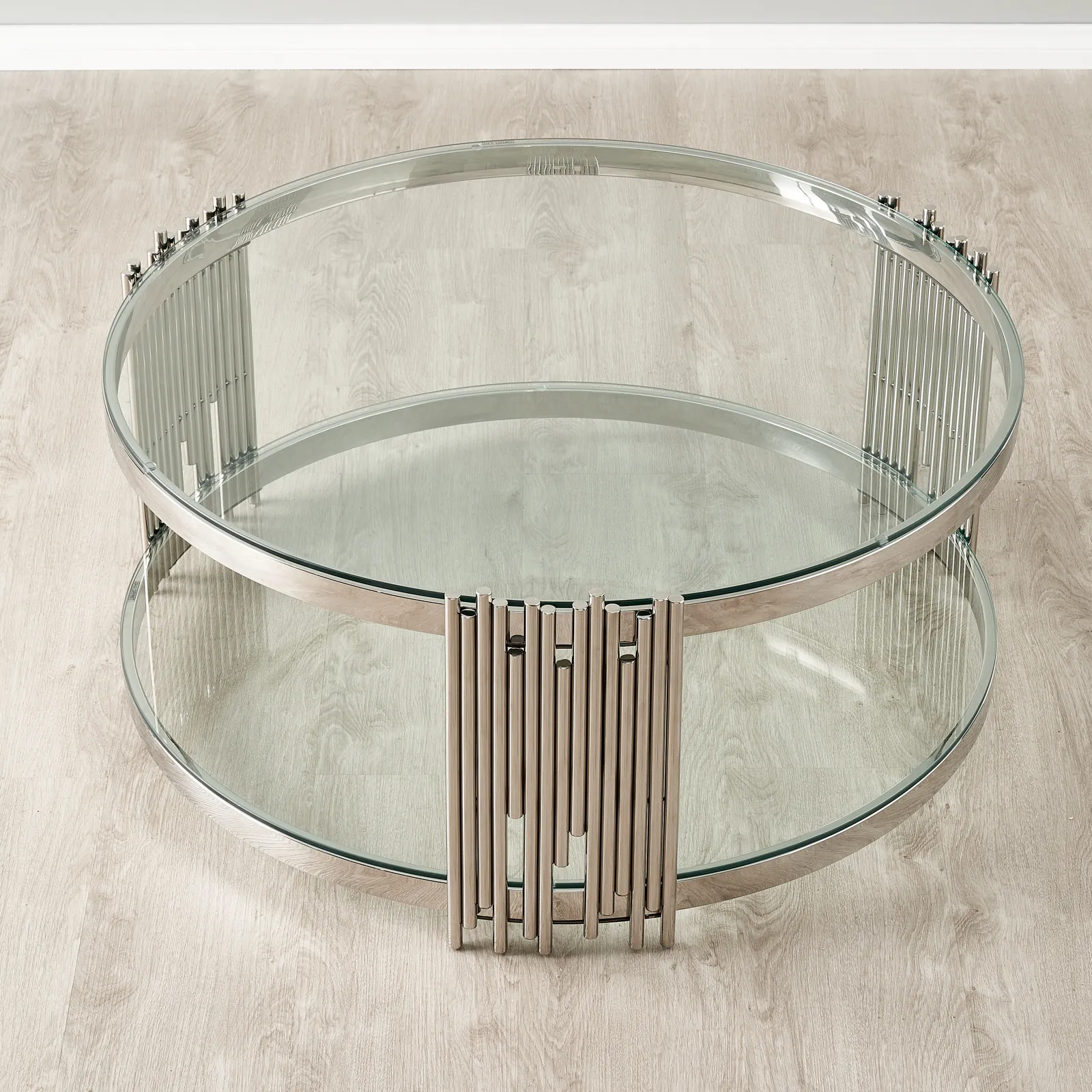 Lindsay Polished Stainless Steel Round Coffee Table - Clear Glass Top