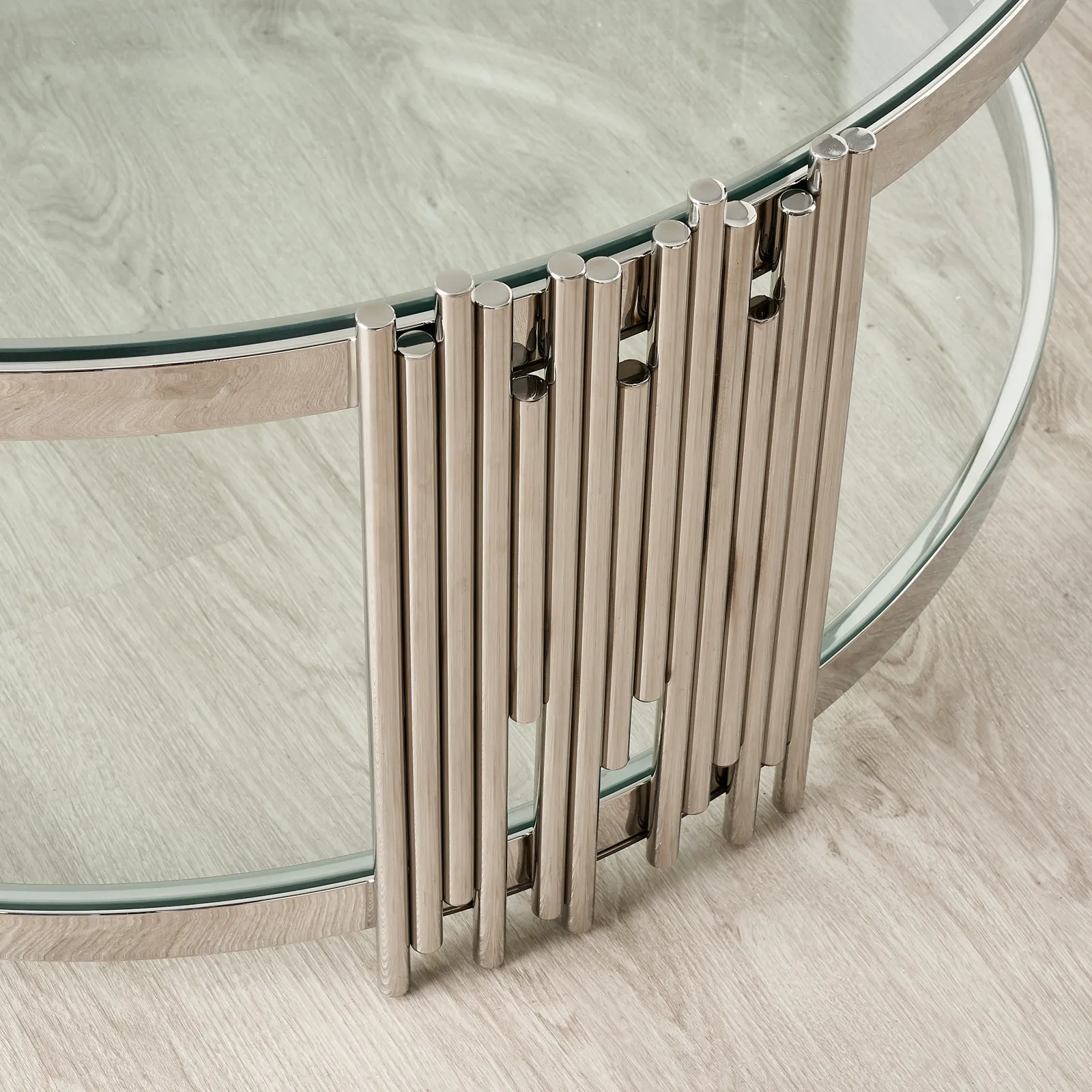 Lindsay Polished Stainless Steel Round Coffee Table - Clear Glass Top