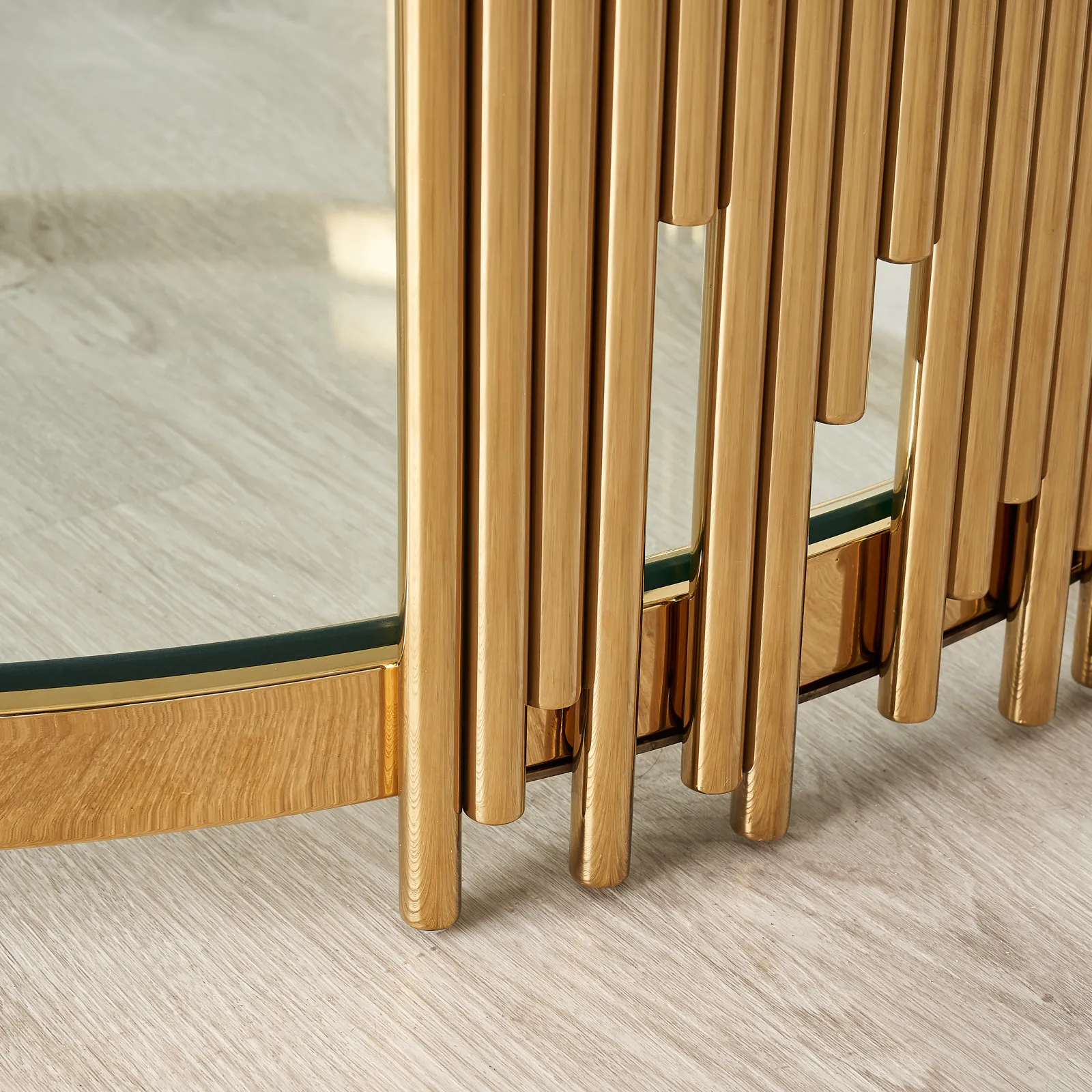 Lindsay Polished Gold Stainless Steel Round Coffee Table - Clear Glass Top