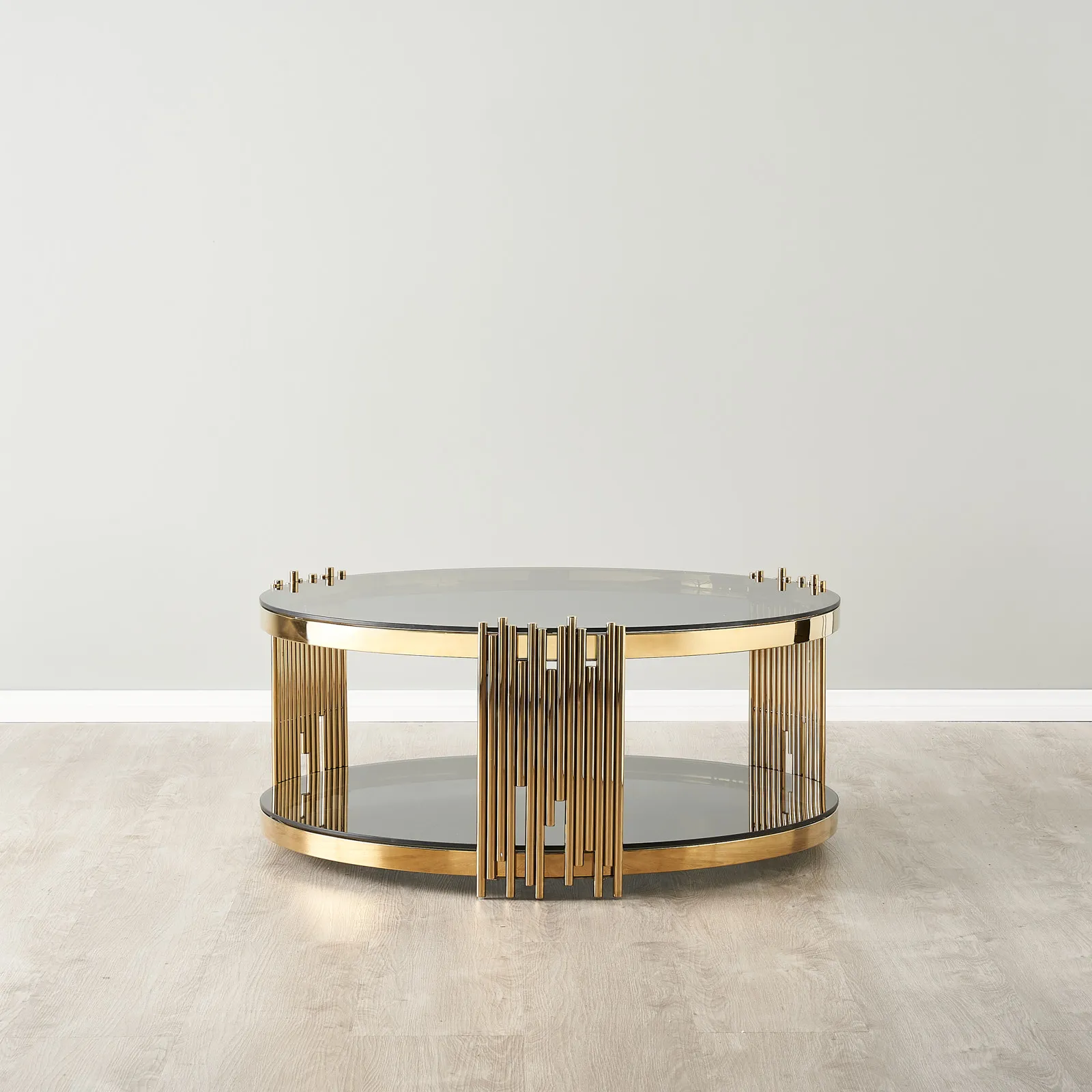 Lindsay Polished Gold Stainless Steel Round Coffee Table - Smoke Glass Top