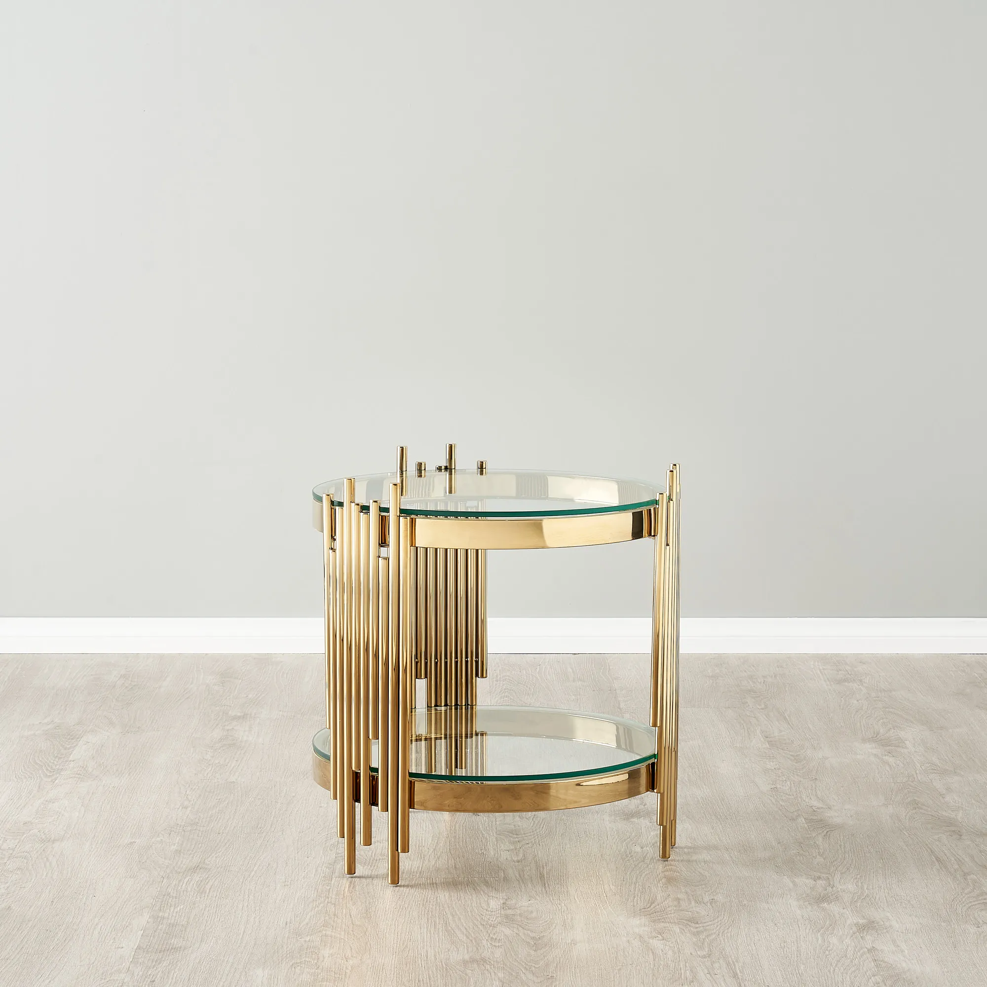 Lindsay Polished Gold Stainless Steel Round Side Table - Clear Glass Top